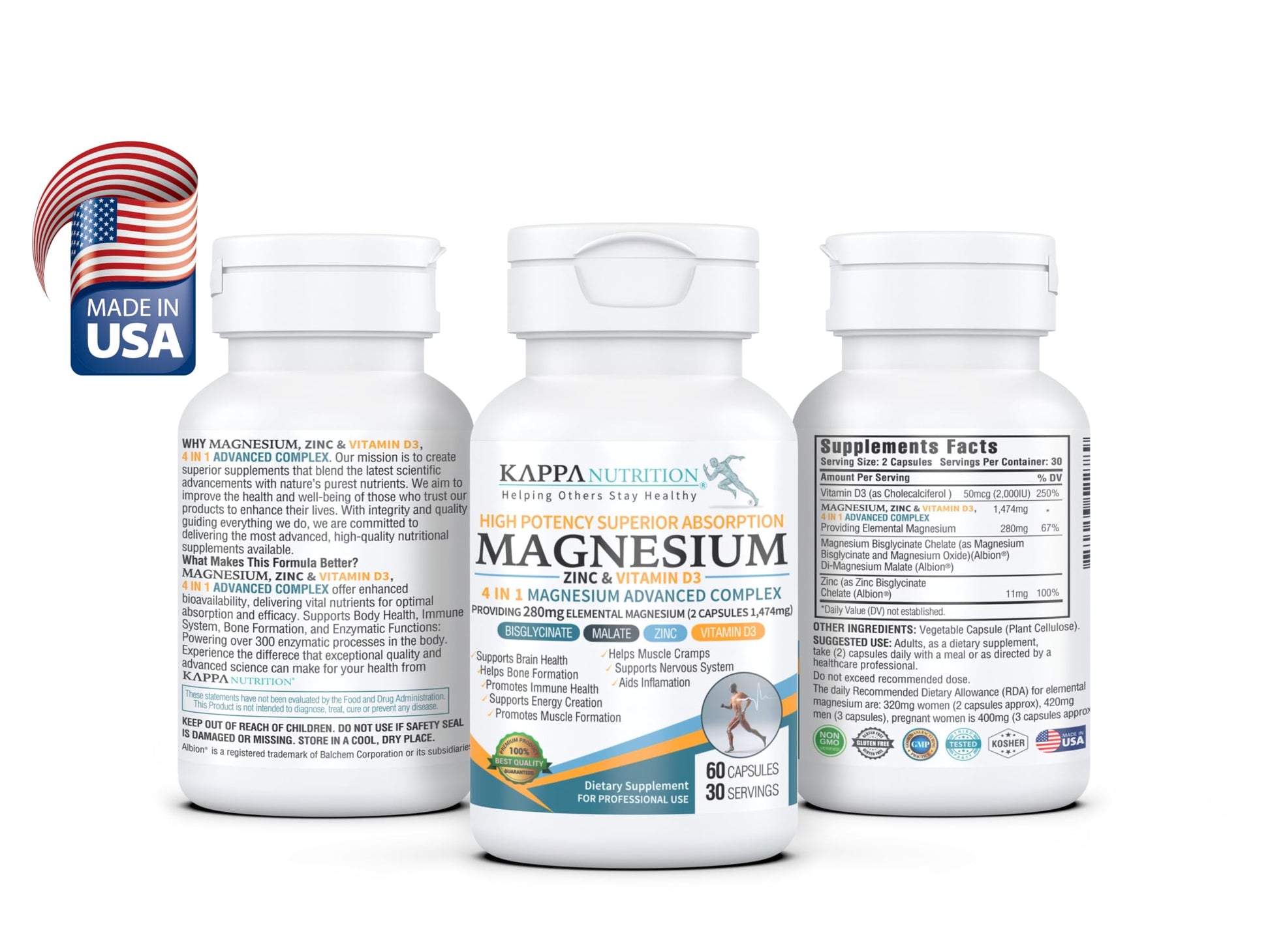 Kappa Nutrition Magnesium 4-in-1, 280mg Elemental Magnesium (Bisglycinate, Malate) + Zinc & Vitamin D3, Brain, Sleep, Energy, Muscle, Immune Support, 60 Vegan Capsules. KAPPA NUTRITIONAu supplements