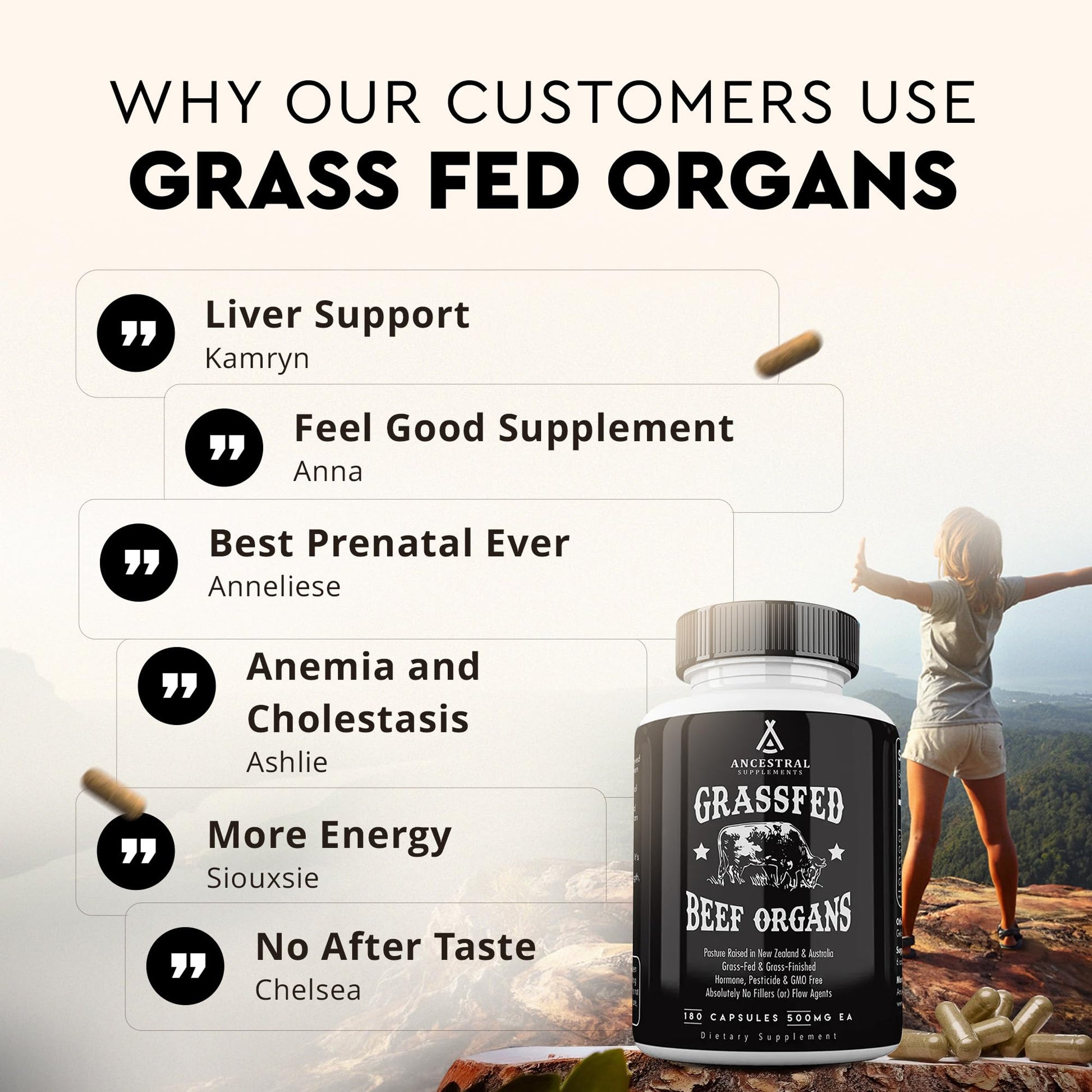 Ancestral Supplements Grass Fed Beef Organ Supplement, Supports Whole Body Wellness with Proprietary Blend of Liver, Heart, Kidney, Pancreas, Spleen, Freeze-Dried Beef, Non-GMO, 180 Capsules Ancestral SupplementsAu supplements