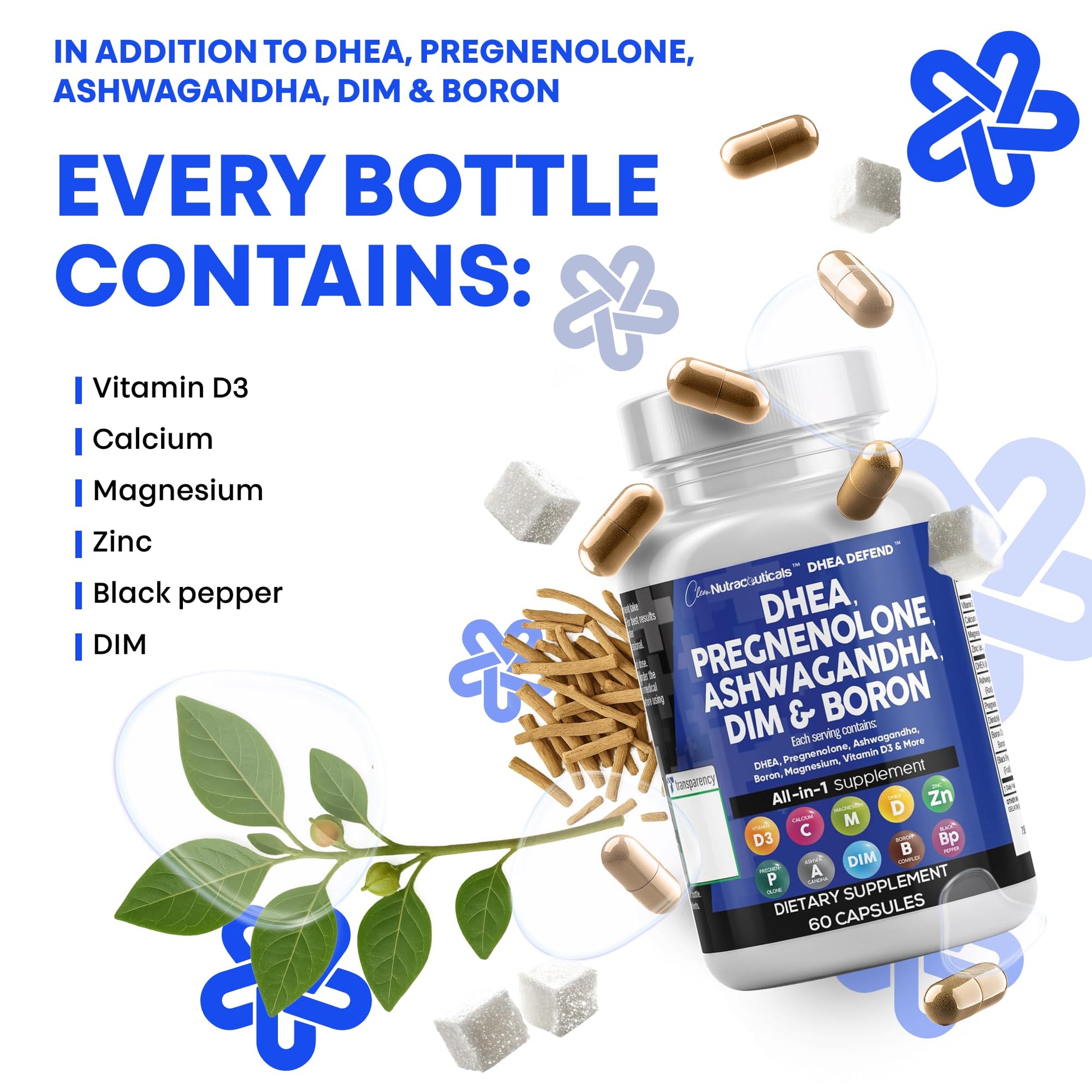 DHEA 200mg Supplement Pregnenolone 100mg for Men & Women with DIM Ashwagandha Boron 6mg Complex Calcium Magnesium Zinc 50mg Vitamin D3 5000 iu Hormone Support Capsules Pills - Made in USA 60 Ct Clean NutraceuticalsAu supplements
