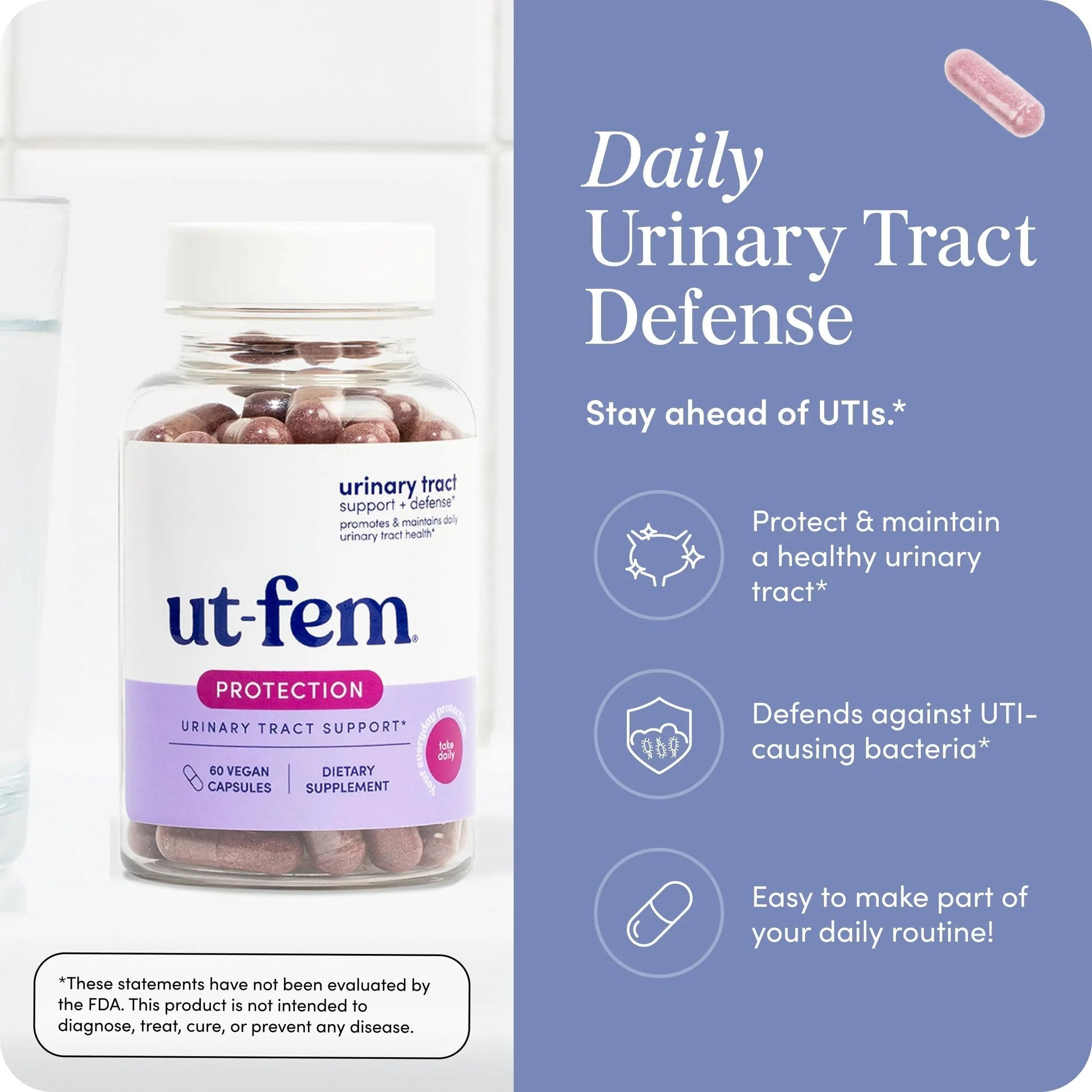 UT-Fem Protection - Urinary Tract Defense for Women, 3-in-1 Daily Defense Formula to Protect Urinary Tract Health, D-Mannose, Cranberry + Hibiscus, Natural Supplement - 60 Vegan Capsules UT-FemAu supplements