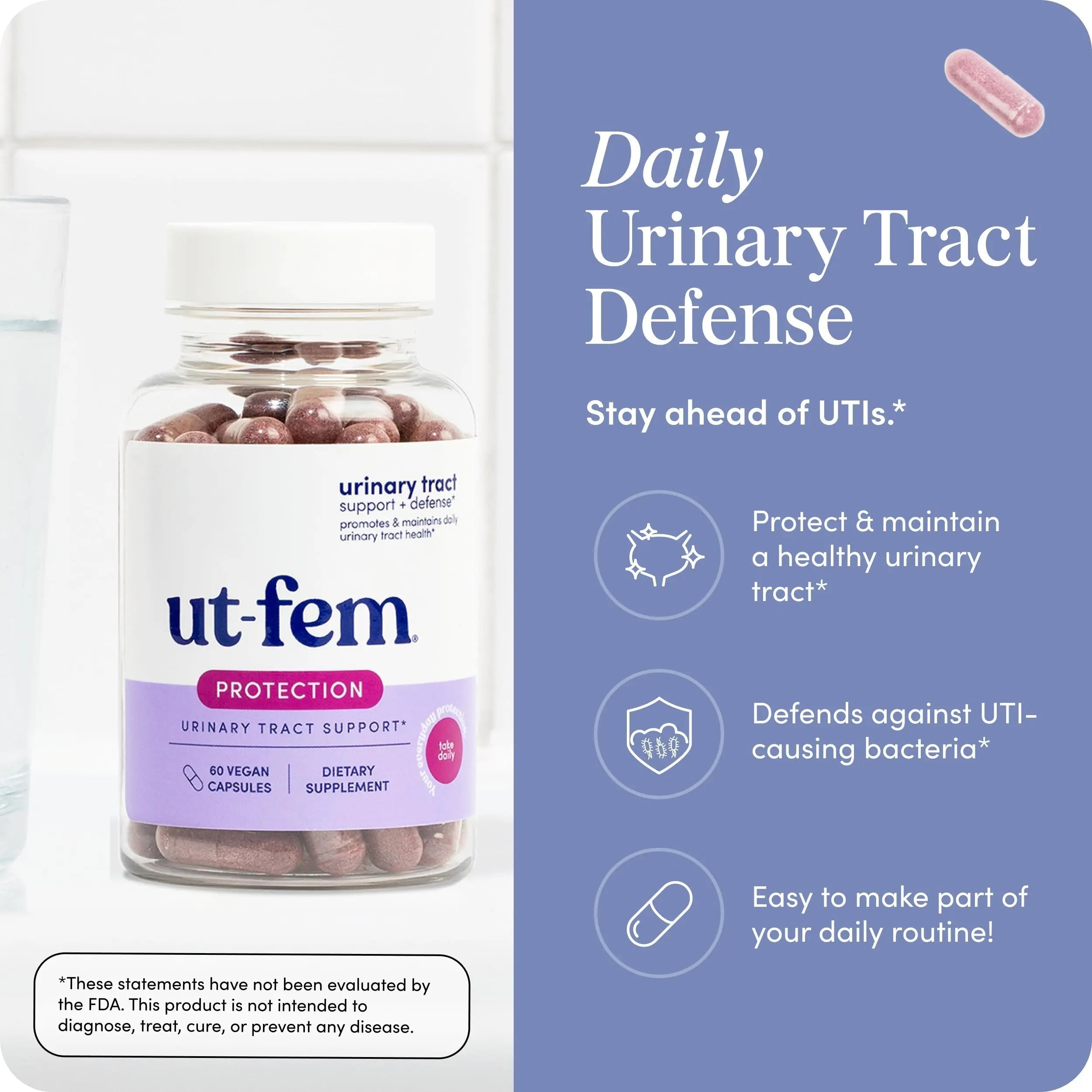 UT-Fem Protection - Urinary Tract Defense for Women, 3-in-1 Daily Defense Formula to Protect Urinary Tract Health, D-Mannose, Cranberry + Hibiscus, Natural Supplement - 60 Vegan Capsules UT-FemAu supplements