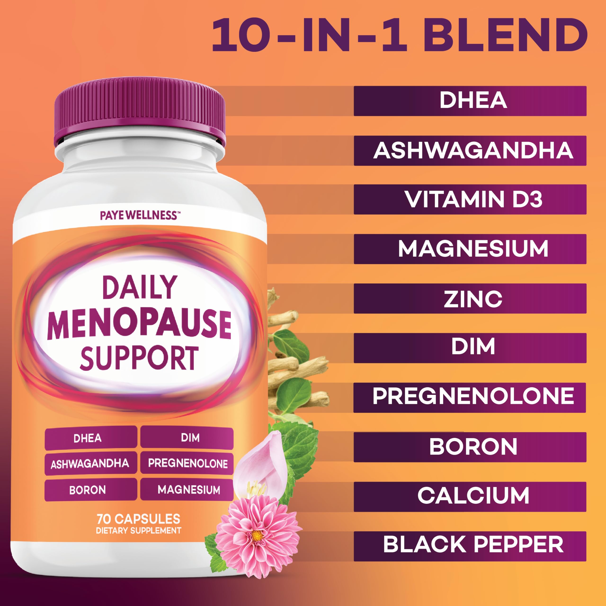 Menopause and Perimenopause Supplement for Women 10-1 Relief Formula for Hot Flashes, Night Sweats, Mood, Energy & Hormone – DIM, Ashwagandha, Vitamin D, DHEA, Zinc, Magnesium 2-Pack, 140 Capsules PAYÉAu supplements