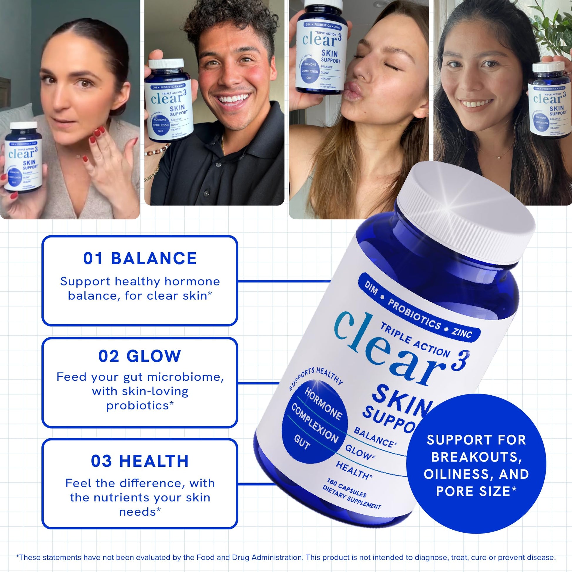 Clear Skin Supplement with Zinc, DIM & Probiotics | 3-in-1 Balance, Glow & Health Skin Support | Triple Action Hyaluronic Acid, Niaciminide & Vitamins for Hormone, Complexion & Gut Support | 180 Ct SMNutritionAu supplements