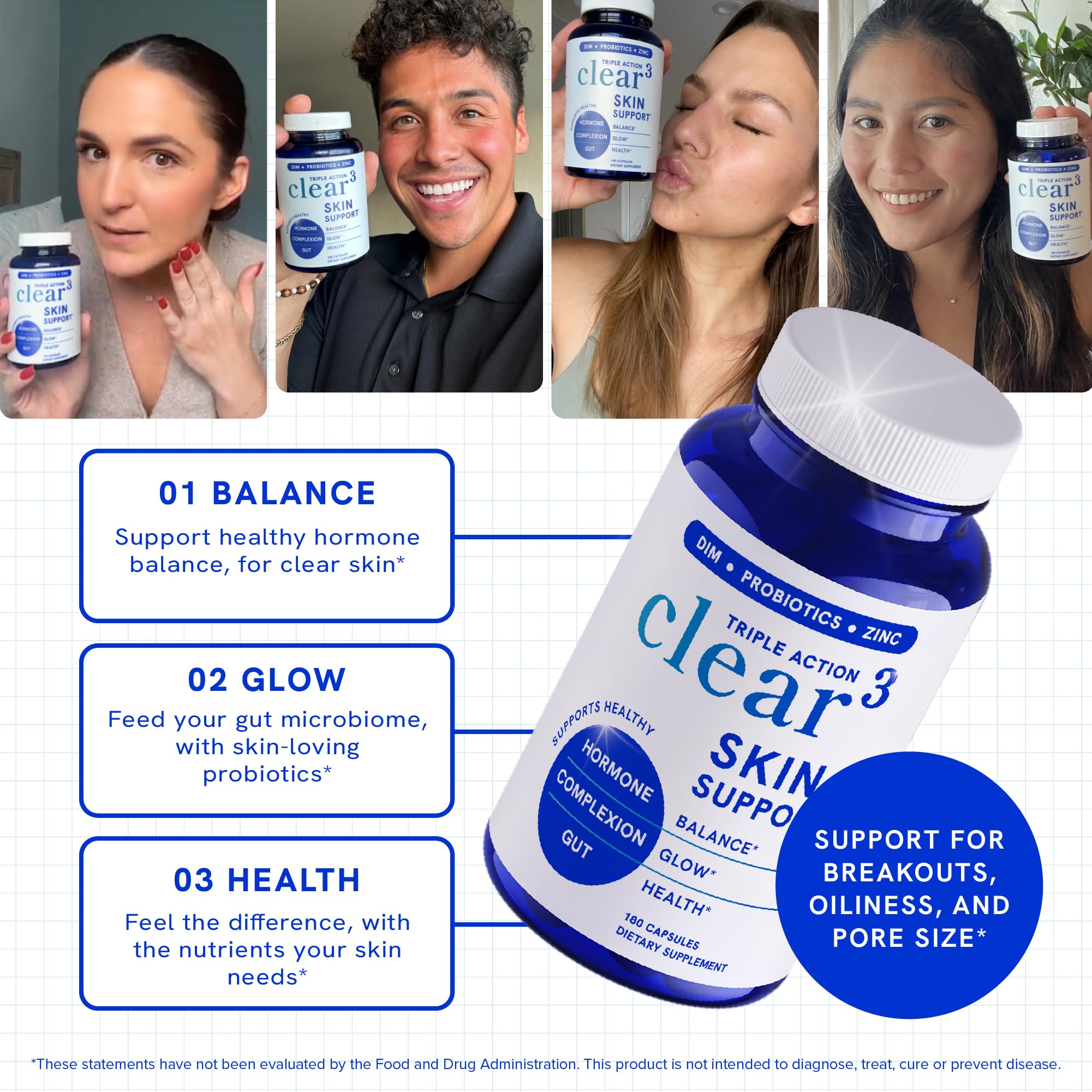 Clear Skin Supplement with Zinc, DIM & Probiotics | 3-in-1 Balance, Glow & Health Skin Support | Triple Action Hyaluronic Acid, Niaciminide & Vitamins for Hormone, Complexion & Gut Support | 180 Ct SMNutritionAu supplements