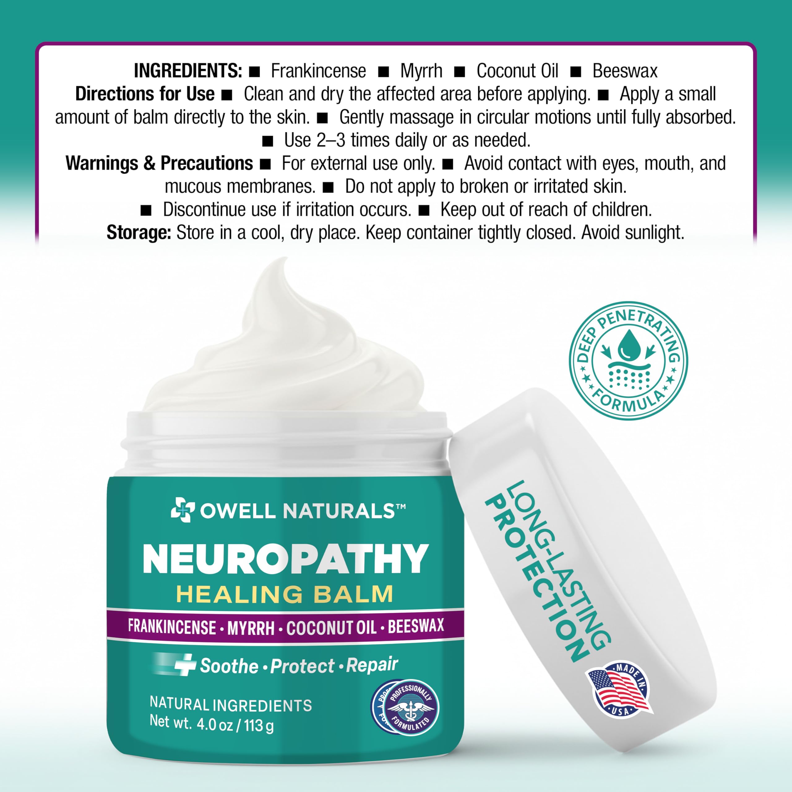 OWELL NATURALS Neuropathy Healing Balm, Fast Acting, with Frankincense, Myrrh, Coconut Oil & Beeswax, Natural Ingredients – Soothe, Protect & Repair, 4 oz (Pack of 1) Owell NaturalsAu supplements