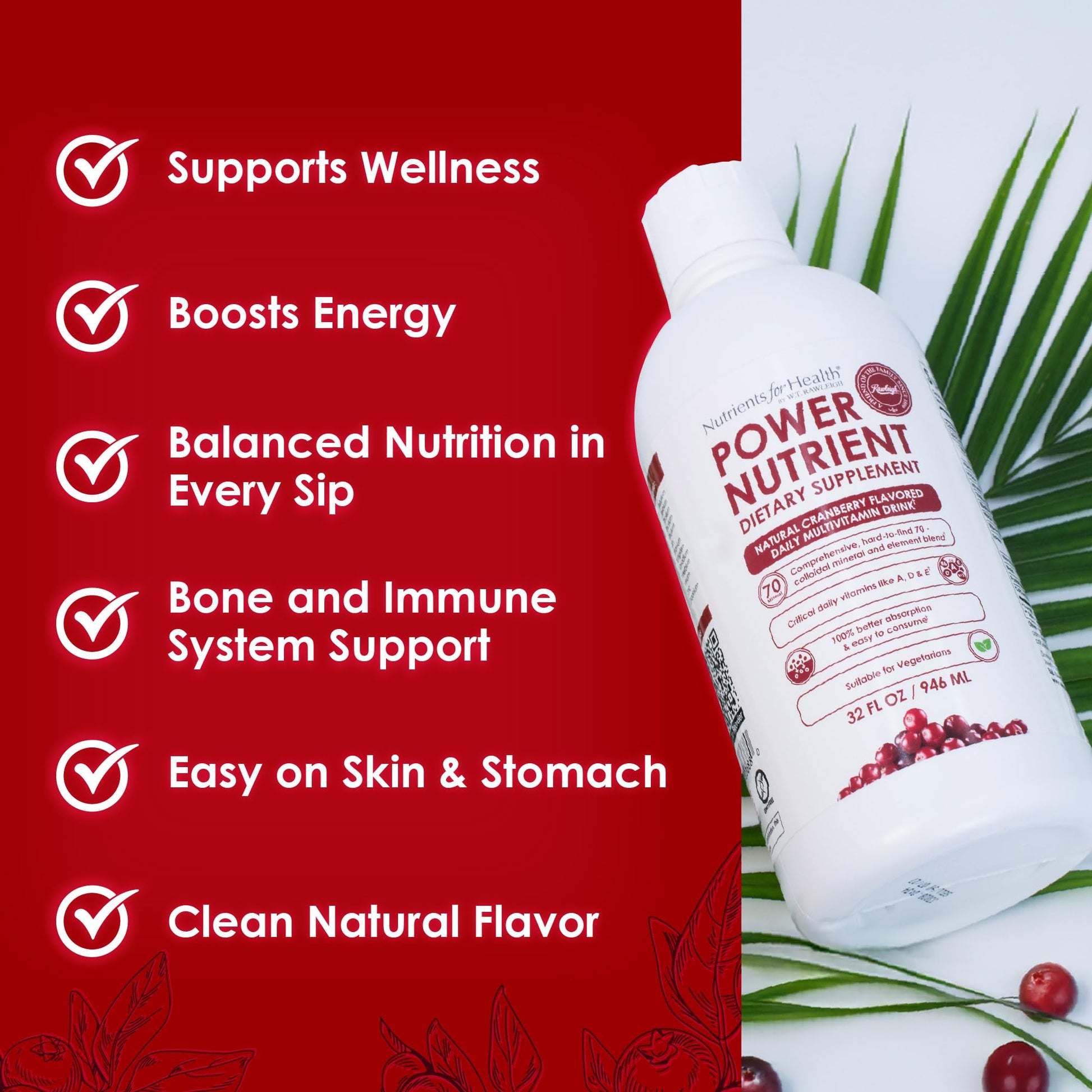 Rawleigh Power Nutrient: 32 fl oz for 1 Month - Cranberry Flavor, Daily Multivitamin Liquid Supplement for Men, Women with VIT. A - zinc & 70 Colloidal Trace Minerals, Vegetarian-Friendly, GMO Free RawleighAu supplements