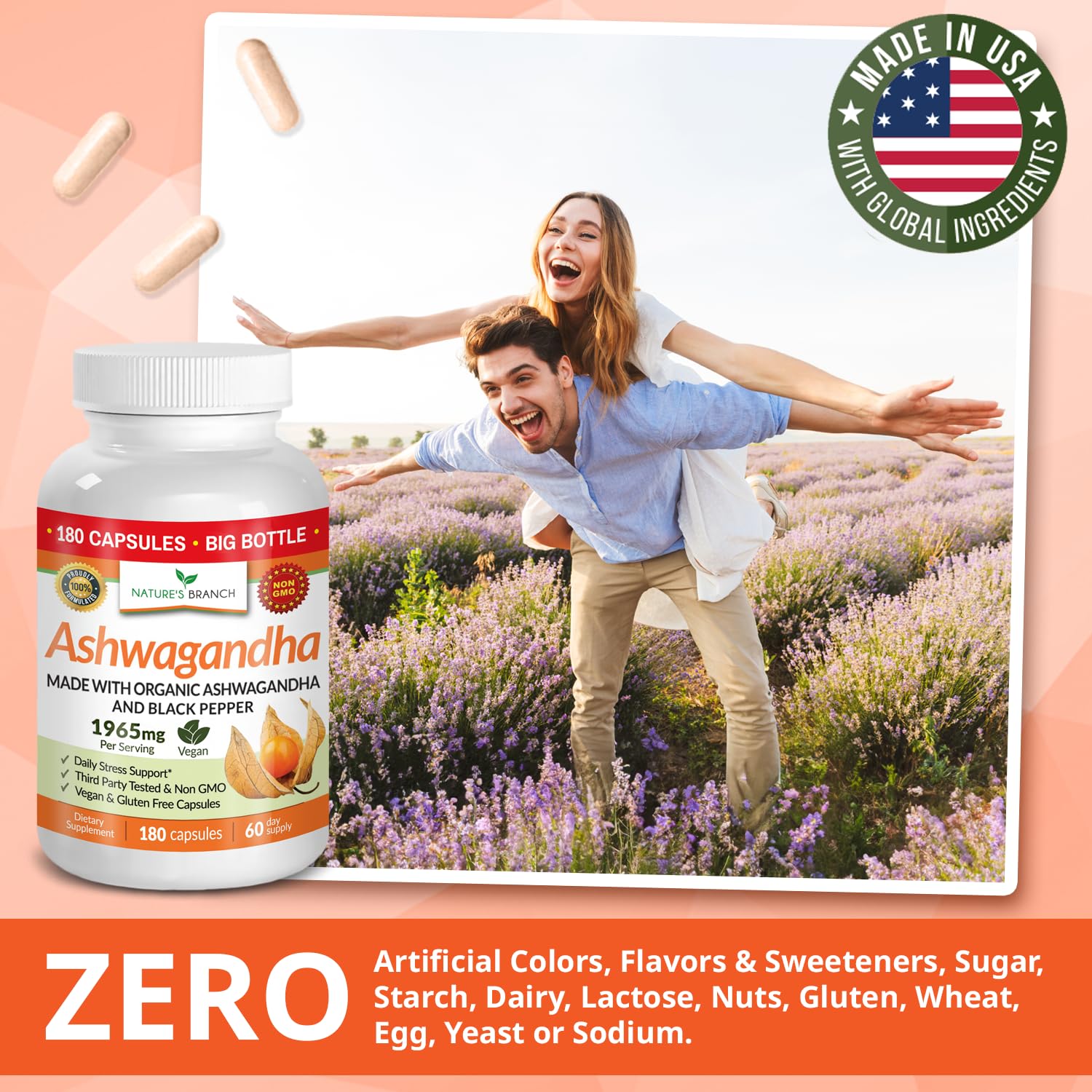 UDAF Certified Organic Ashwagandha with Black Pepper, 1965mg - Extra Strength for Stress, Sleep, Mood, Thyroid, Energy, Hair, Vegan Pure Root Extract Powder Supplement for Men and Women | 180 Capsules NATURE'S BRANCHAu supplements