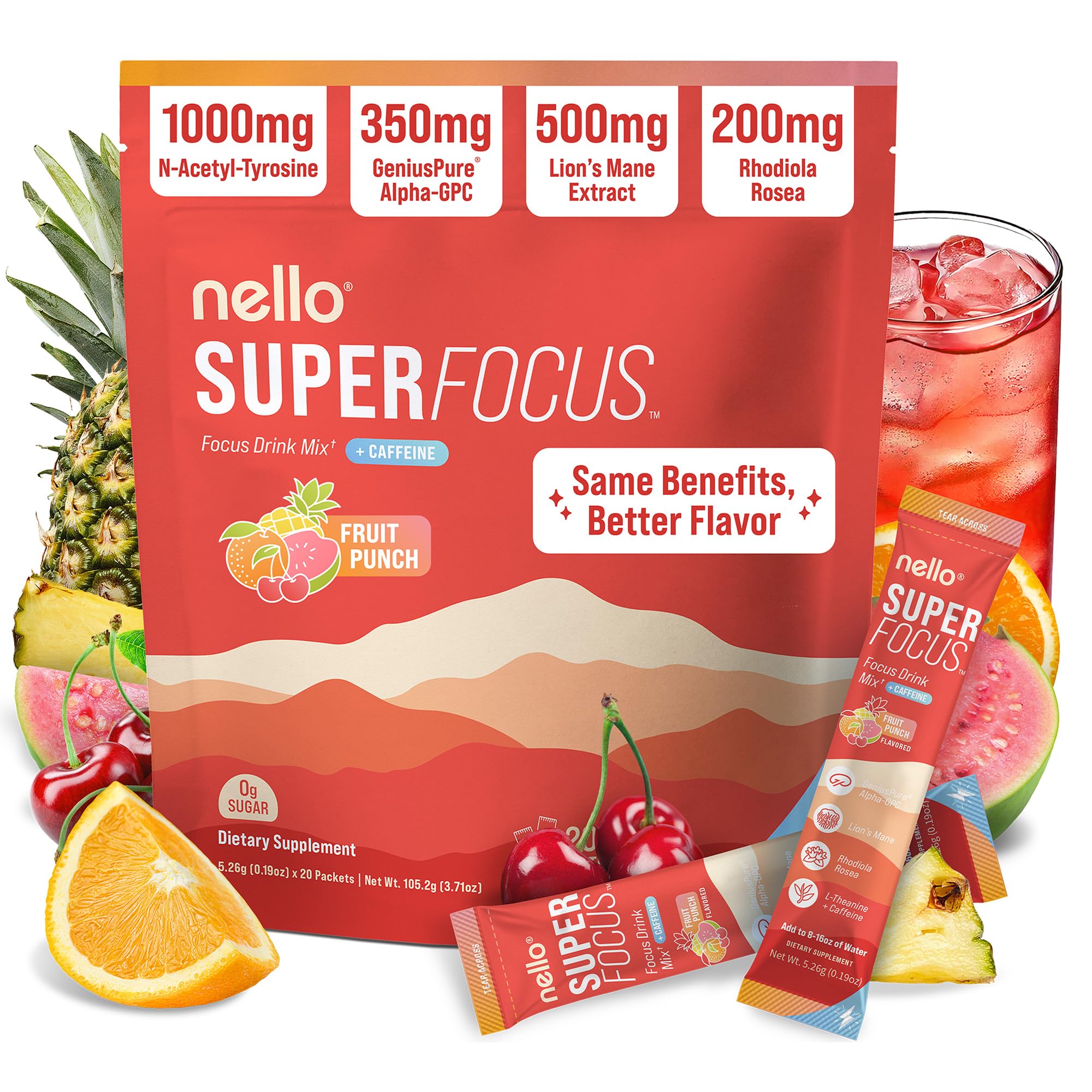 Nello Superfocus – Nootropic Focus Drink Mix for Productivity, Caffeine, L-Theanine, Rhodiola Rosea, Alpha-GPC, Lion’s Mane, Tyrosine, Sugar-Free Packets - With Caffeine (Pack of 20) (20 Servings (Caffeine), Fruit Punch) NelloAu supplements
