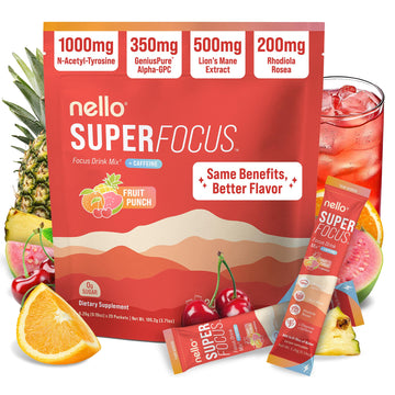 Nello Superfocus – Nootropic Focus Drink Mix for Productivity, Caffeine, L-Theanine, Rhodiola Rosea, Alpha-GPC, Lion’s Mane, Tyrosine, Sugar-Free Packets - With Caffeine (Pack of 20) (20 Servings (Caffeine), Fruit Punch) NelloAu supplements