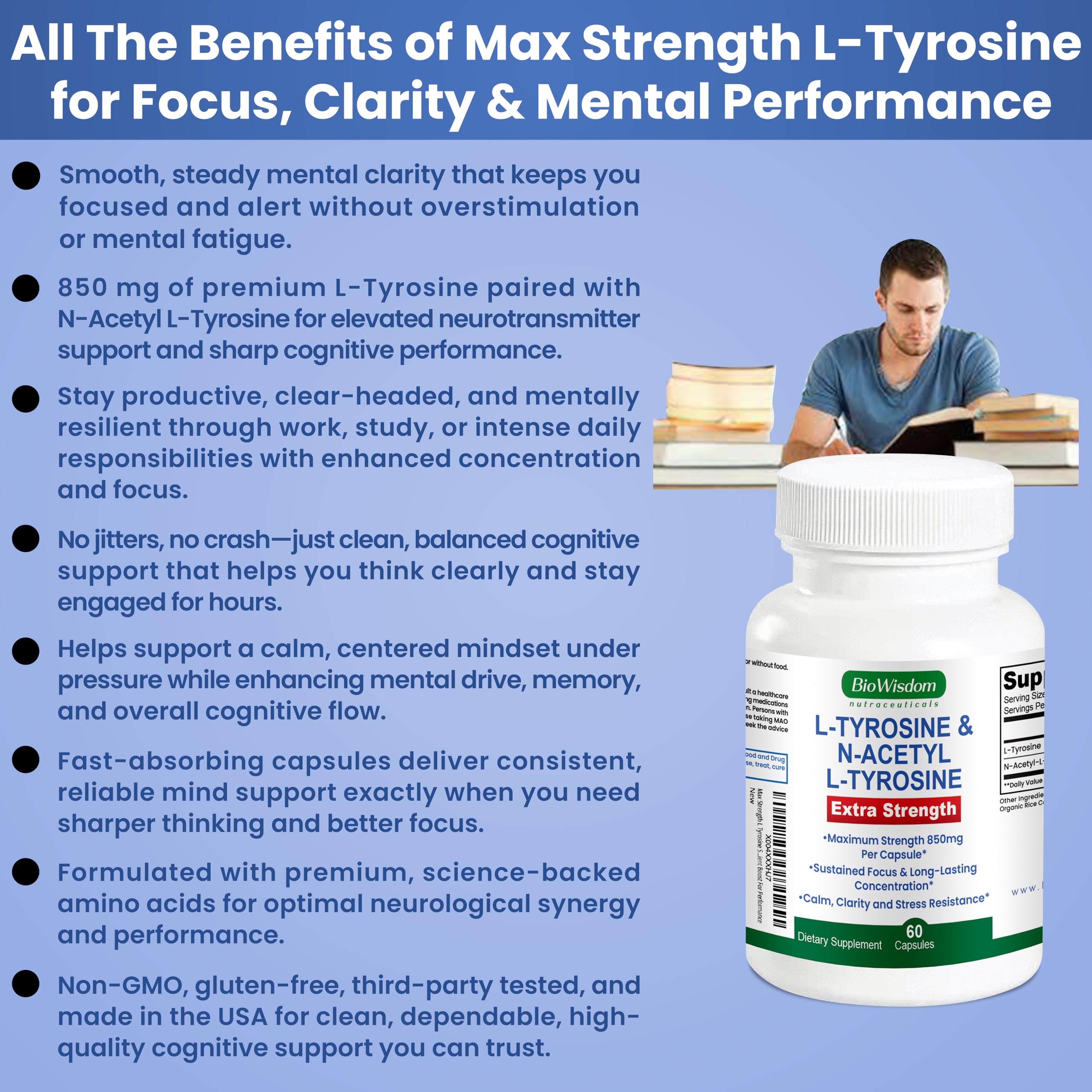 Max Strength L Tyrosine Supplement & N Acetyl L Tyrosine Peak Focus, Alertness, Concentration, Body & Mind Energy. L-Tyrosine 850mg Per 1 Capsule. A Well-Being Nutrient Boost For Performance BioWisdom NutraceuticalsAu supplements