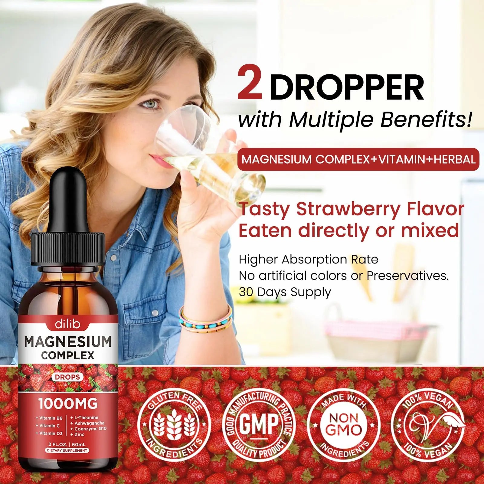 Triple Magnesium Complex Supplement, Magnesium Glycinate, Blend, Citrate Liquid Drops 1000mg with Ashwagandha, CoQ10, Vitamin B6, C, D, Zinc -Support Calm Stress Relief, Bone, Muscle, Mood Vegan dilibnz supplements