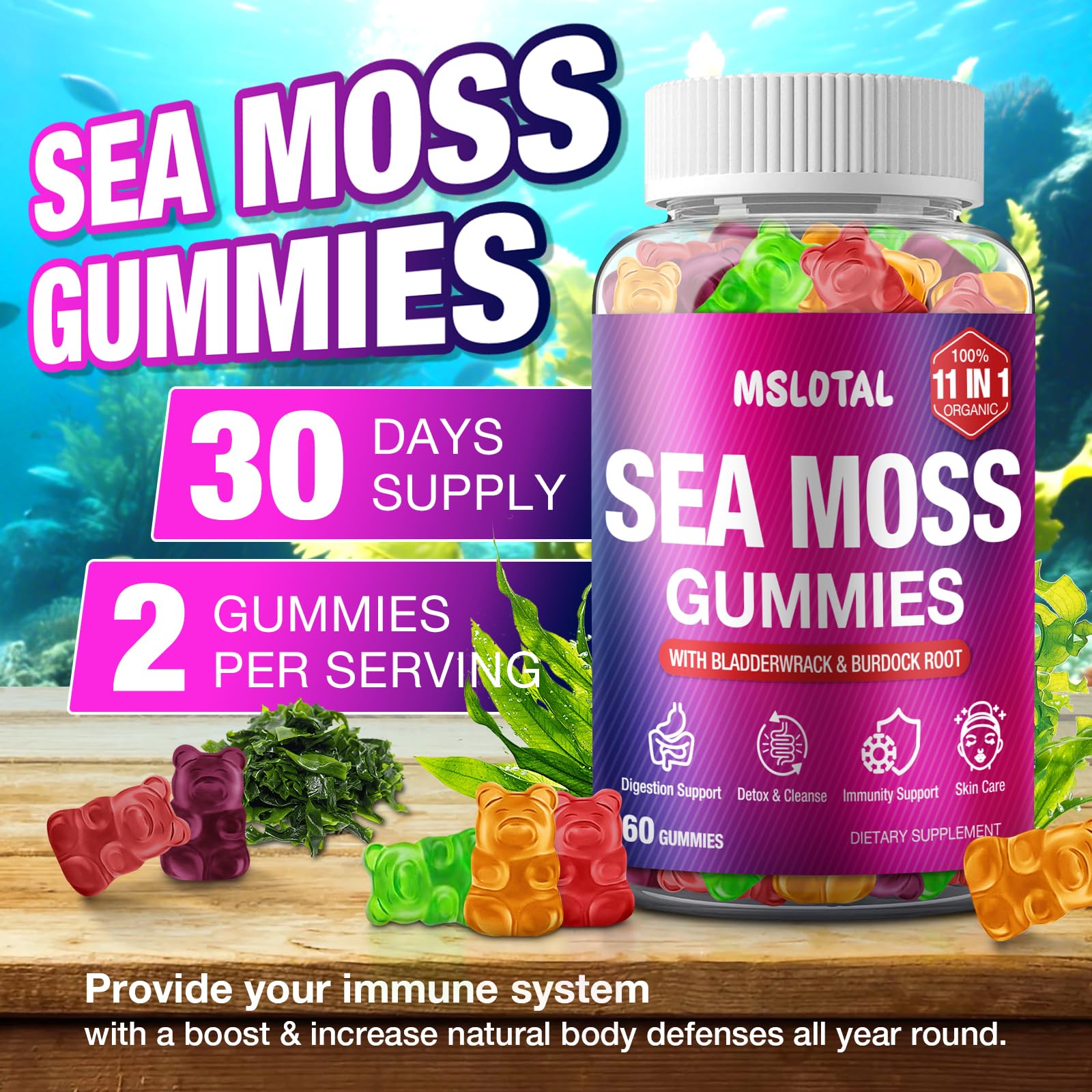 MSLOTAL Irish Sea Moss Gummies with Ashwagandha Bladderwrack and Burdock Root - Natural Irish Seamoss Supplement for Thyroid, Energy, Immune Support - 60 Vegan Gummy MSLOTALAu supplements