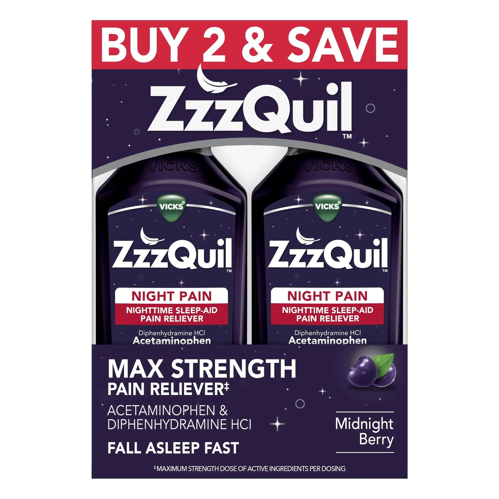 ZzzQuil Liquid, Max Strength Pain Reliever, Nighttime Sleep Aid Liquid, Acetaminophen 1000mg, Diphenhydramine 50mg HCI, Non-Habit Forming, Midnight Berry Flavored, 2 Pack, 24 FL OZ ZzzQuilAu supplements