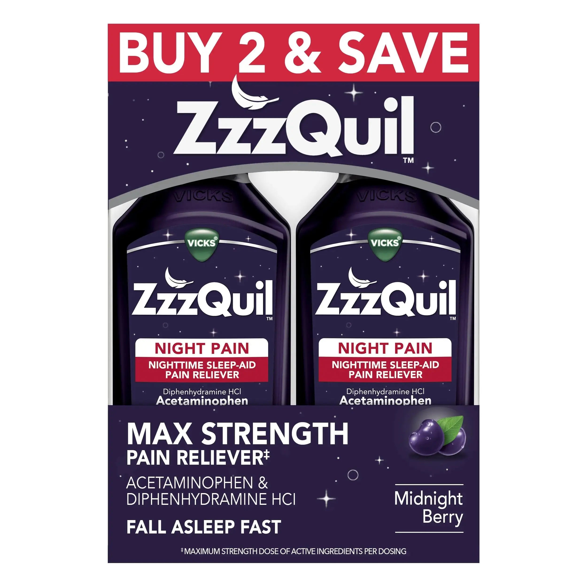 ZzzQuil Liquid, Max Strength Pain Reliever, Nighttime Sleep Aid Liquid, Acetaminophen 1000mg, Diphenhydramine 50mg HCI, Non-Habit Forming, Midnight Berry Flavored, 2 Pack, 24 FL OZ ZzzQuilAu supplements