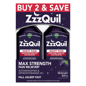 ZzzQuil Liquid, Max Strength Pain Reliever, Nighttime Sleep Aid Liquid, Acetaminophen 1000mg, Diphenhydramine 50mg HCI, Non-Habit Forming, Midnight Berry Flavored, 2 Pack, 24 FL OZ ZzzQuilAu supplements