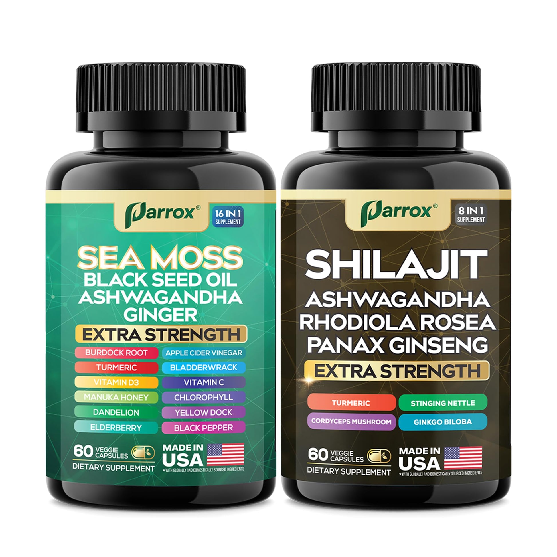 Parrox Shilajit and Sea Moss Bundle, Sea Moss 350mg, Black Seed Oil 200mg, Ashwagandha 100mg, Turmeric, Shilajit 300mg, Rhodiola Rosea 100mg, Panax Ginseng 50mg, Dynamic Vitality Bundle (2 Pack) ParroxAu supplements