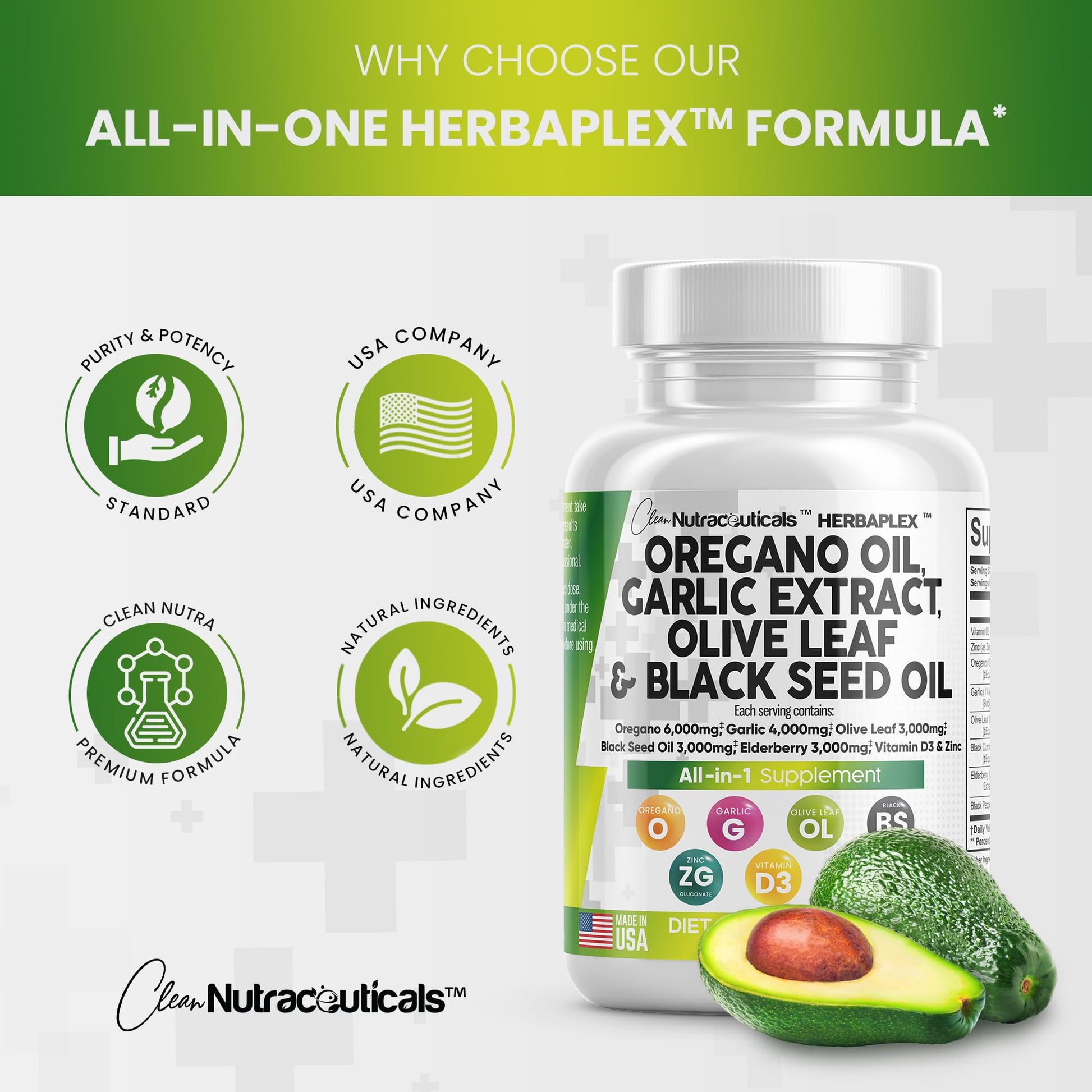 Oregano Oil 6000mg Garlic Extract 4000mg Olive Leaf 3000mg Black Seed Clean NutraceuticalsUS supplements