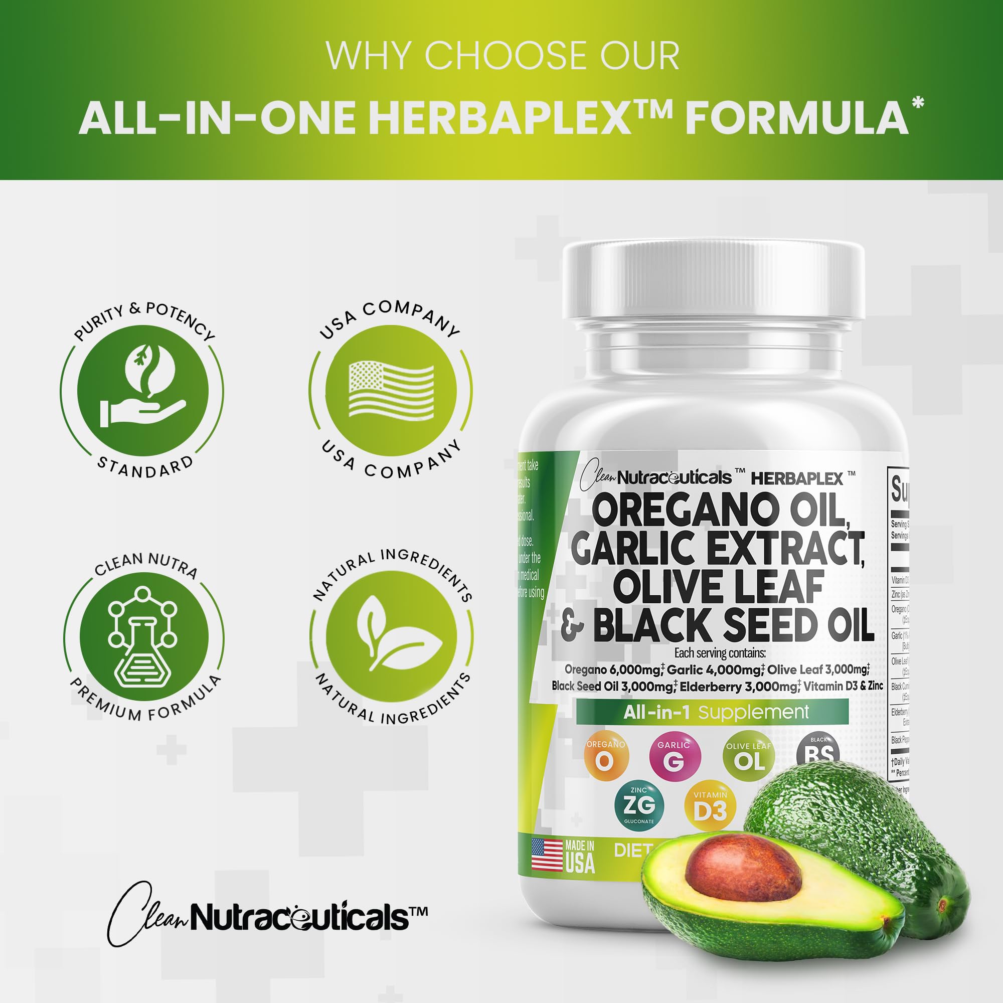 Oregano Oil 6000mg Garlic Extract 4000mg Olive Leaf 3000mg Black Seed Clean NutraceuticalsUS supplements