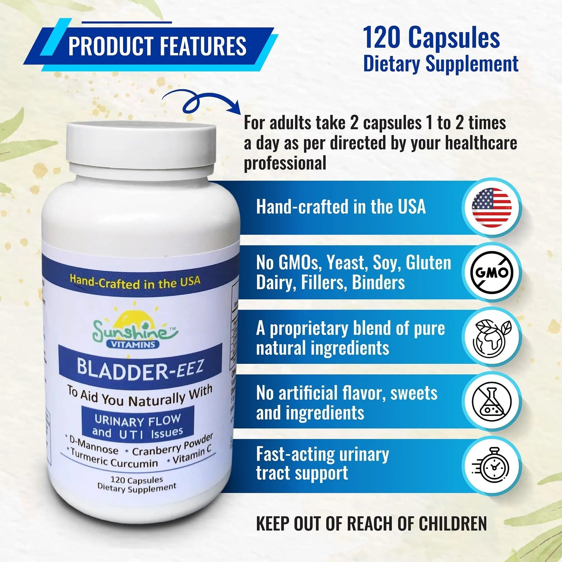 Sunshine Vitamins Bladder-EEZ | All-Natural Bladder Infection UTI Relief Support for Women with D-Mannose | Urinary Tract Infection Health with Immune System Support (1 Bottle of 120 Capsules) Sunshine VitaminsAu supplements