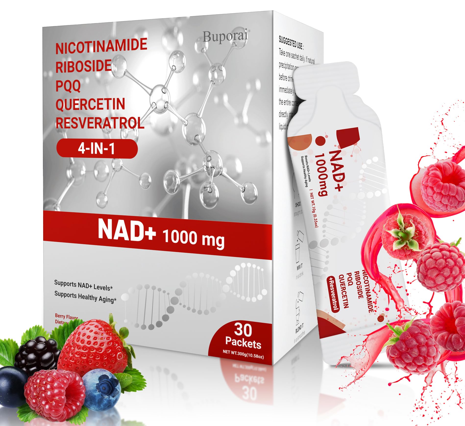 Buporai NAD Supplement 1000 mg Liquid Packets - NAD Supplements for Women & Men with Nicotinamide Riboside, Resveratrol, PQQ, Quercetin - NMNH Supplement Alternative for Anti-Aging, Energy-30 Packets BuporaiAu supplements