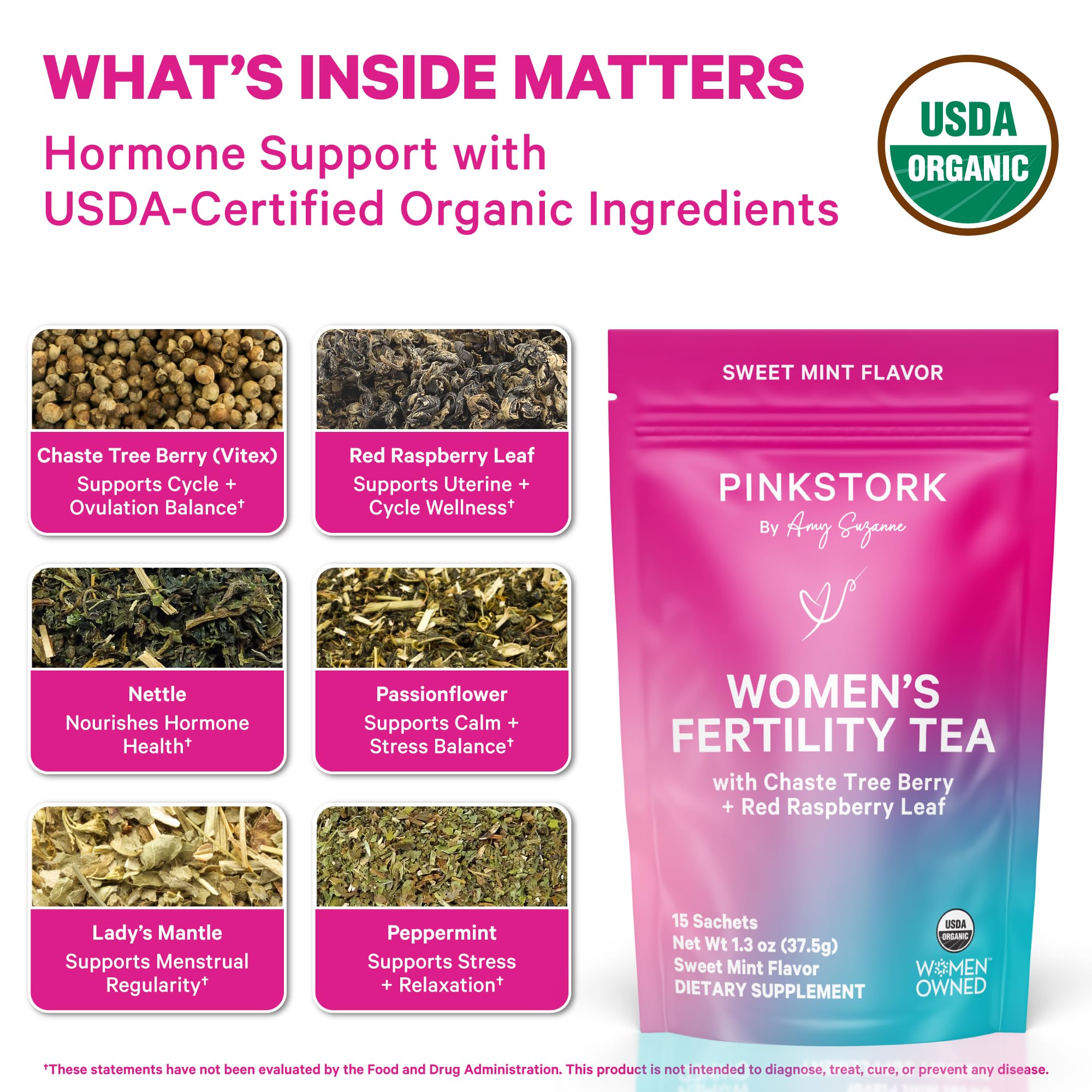 Pink Stork Organic Fertility Tea for Women | Fertility Supplements for Women with Chaste Tree Berry (Vitex) + Red Raspberry Leaf | Hormone Balance Herbal Tea for Conception Support | USDA Organic, Caffeine Free - Sweet Mint, 15 Sachets Pink StorkAu supplements