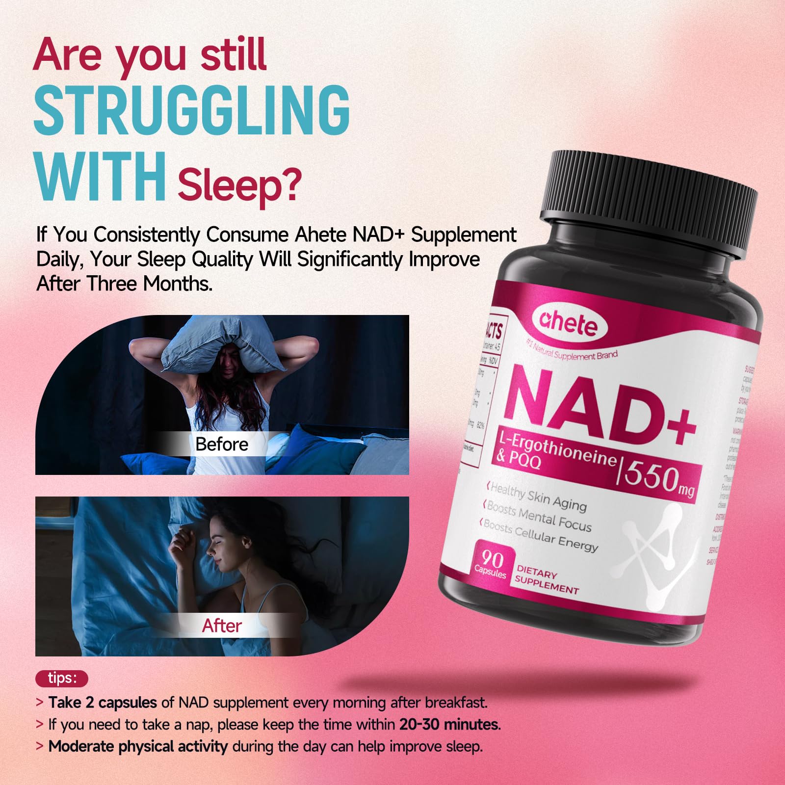 Ahete NAD Supplement with L-Ergothioneine, PQQ, Vitamin B6, and NMNH Supplement - for Cellular Health, Energy Support and Healthy Aging for Women & Men - Vegetarian, Non-GMO, Gluten Free- 90 Capsules AheteAu supplements