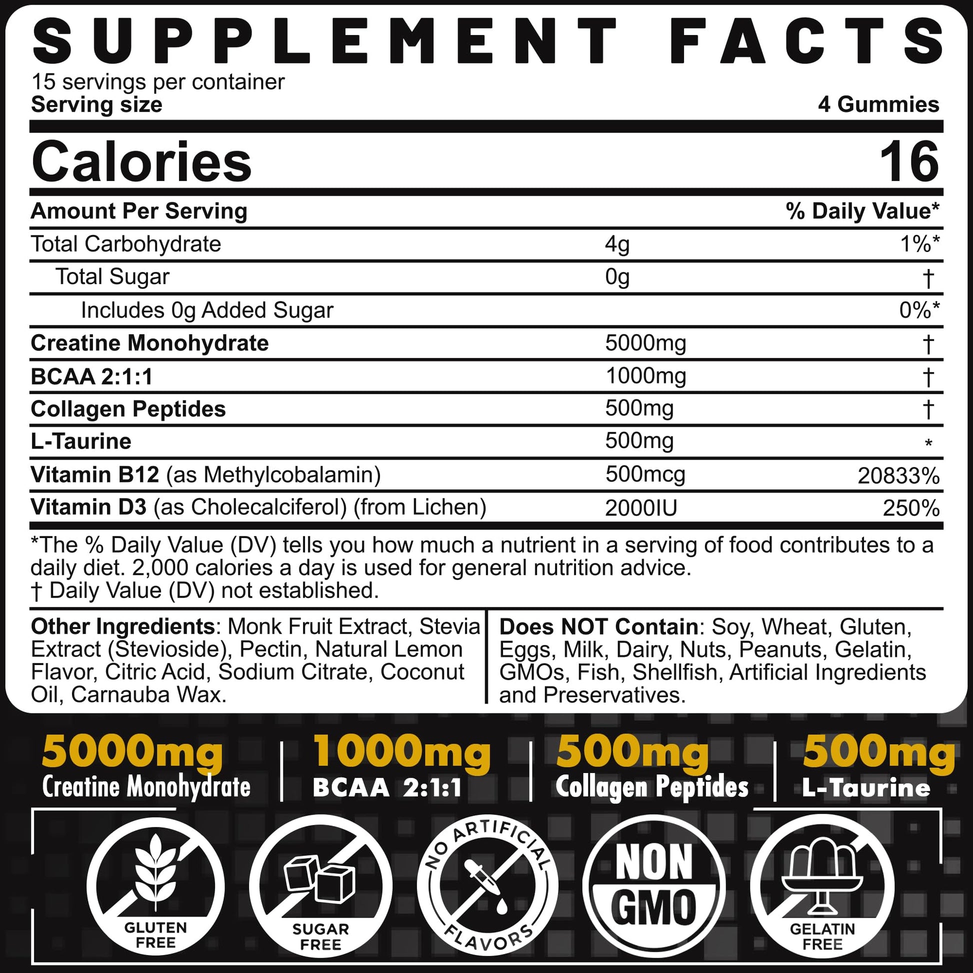 Creatine Monohydrate Gummies for Men & Women - with BCAA, Collagen Peptides, L-Taurine, Vitamin B12, D3, Chewables Creatine Monohydrate 5g Per Serving, Natural Lemon Flavor, Sugar Free, 2 Pack EnvyCureAu supplements