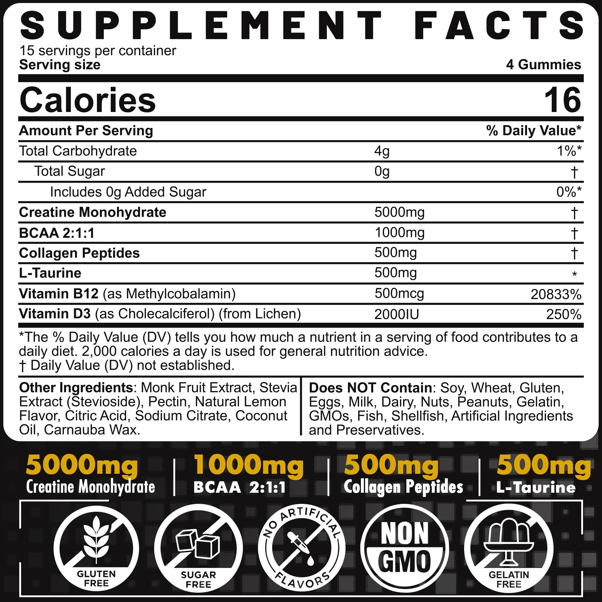 Creatine Monohydrate Gummies for Men & Women - with BCAA, Collagen Peptides, L-Taurine, Vitamin B12, D3, Chewables Creatine Monohydrate 5g Per Serving, Natural Lemon Flavor, Sugar Free, 2 Pack EnvyCureAu supplements
