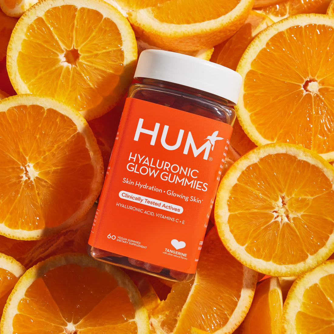 HUM Hyaluronic Glow Hydrating Skin Care Supplement, with Low Molecular Hyaluronic Acid, Vitamin C from Amla Fruit, and Vitamin E, Antioxidant Support for Skin Hydration, Tangerine, 60 Vegan Gummies HUMUS supplements