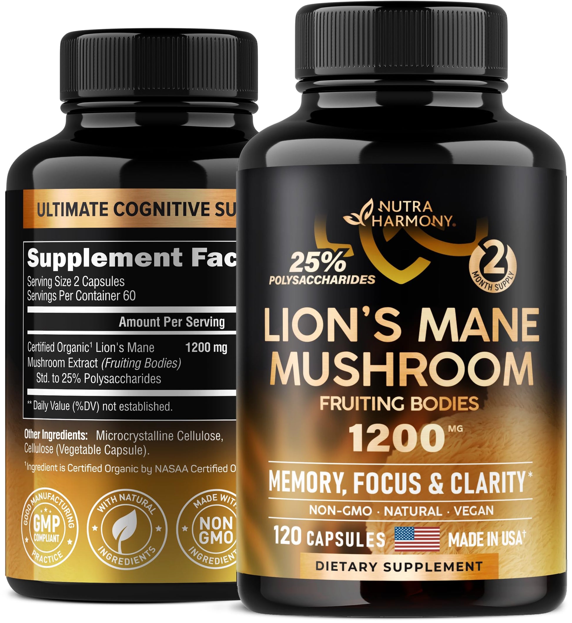 Organic Lions Mane - Certified Mushroom Supplement - Made in USA - Fruiting Bodies NUTRAHARMONYUS supplements