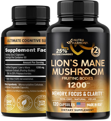 Organic Lions Mane - Certified Mushroom Supplement - Made in USA - Fruiting Bodies NUTRAHARMONYUS supplements