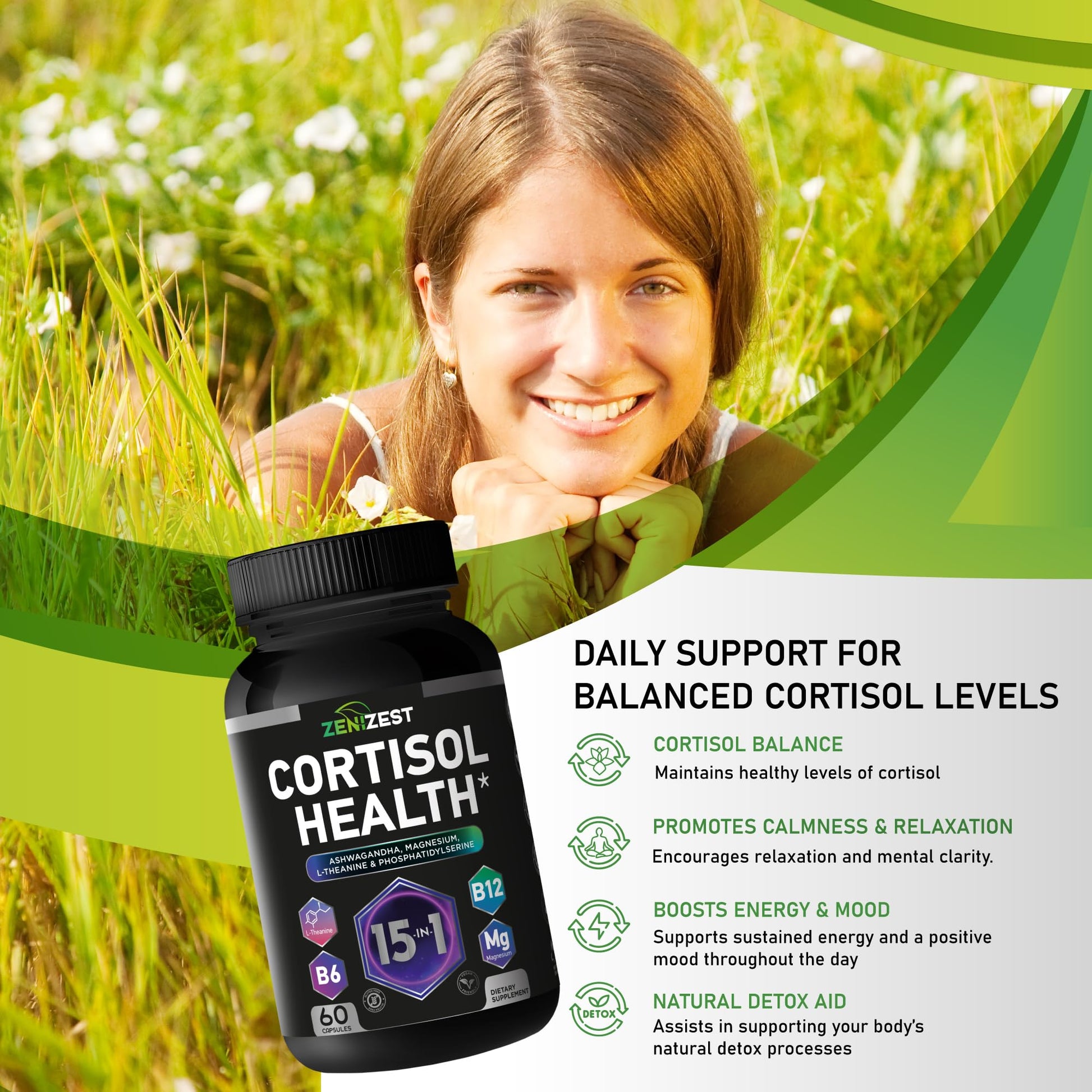Cortisol Detox Supplement for Women Men - Control & Lower High Cortisol Level - Adrenal Health Balance Cleanse Sleep Stress Support - Magnesium Ashwagandha L-Theanine Cortisol Blocker Reducer ZeniZestAu supplements