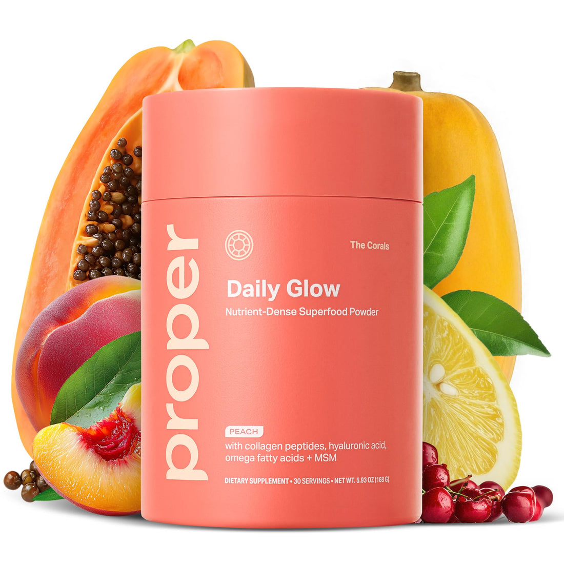 Proper, The Corals Daily Glow Beauty Blend - Nutrient Dense Superfood Powder with Collagen Peptides, Hyaluronic Acid Powder, Vitamin C, and MSM. Hair, Skin, Nail Vitamin Supplement for Women & Men ProperAu supplements