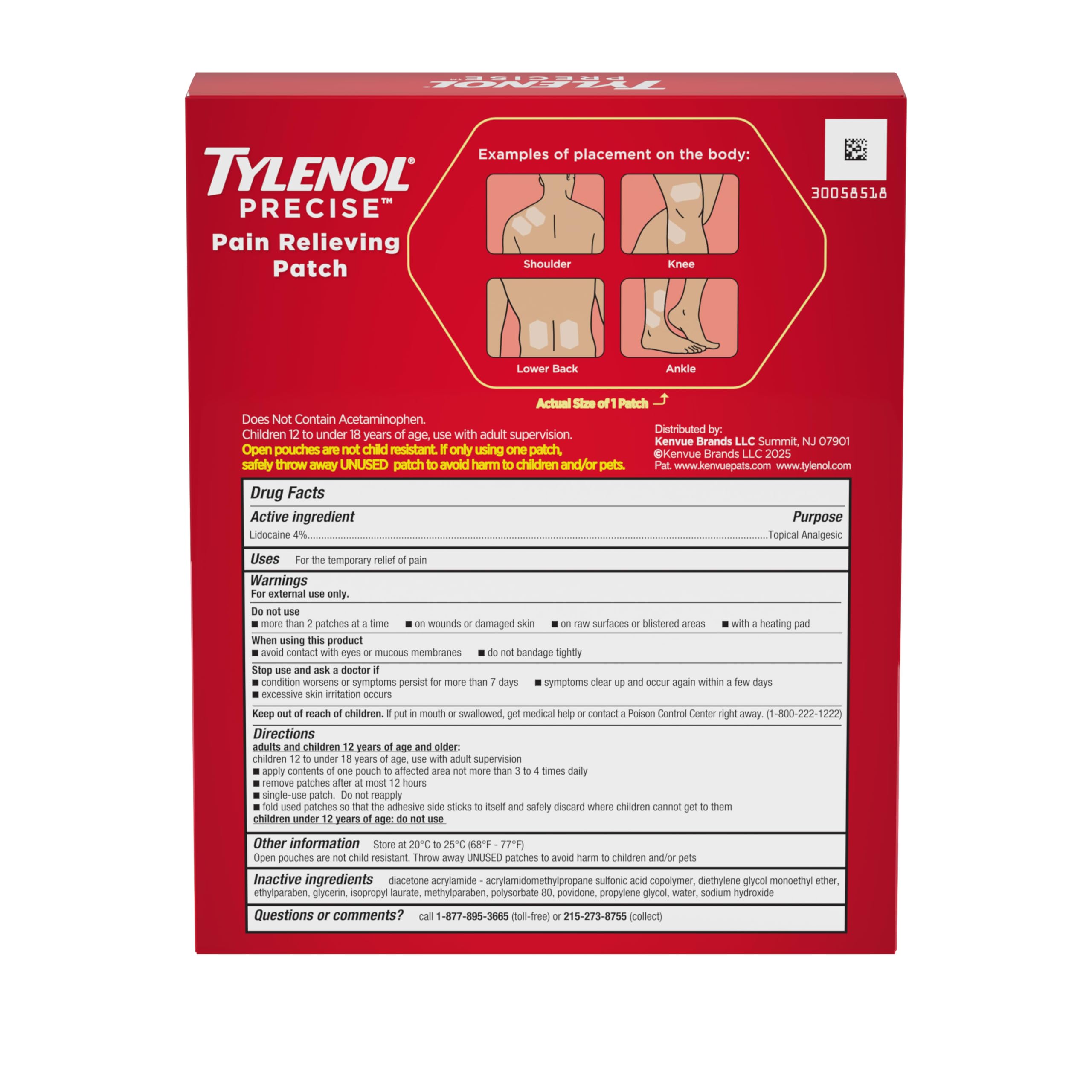 Tylenol Precise Pain Relieving Patches, Topical Analgesic Patches + Maximum OTC Strength Lidocaine Penetrates, Targeted Relief Ideal for Shoulder, Back & Knee Pain, Unscented, 3 x 2 ct TylenolAu supplements