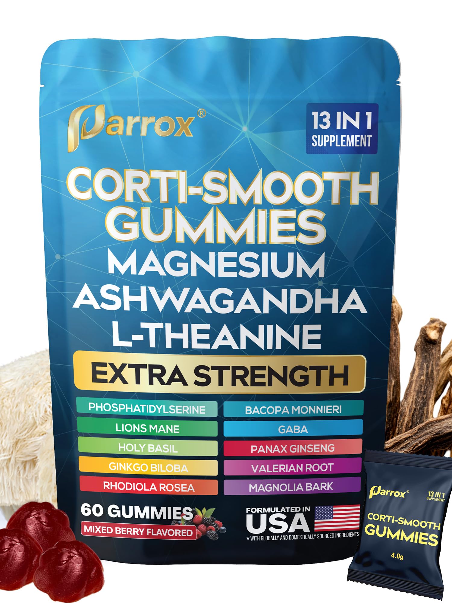 Parrox Corti-Smooth Cortisol Support Gummies with Magnesium, L-Theanine, Ashwagandha, Phosphatidylserine, Bacopa Monnieri, Lions Mane, Ginkgo Biloba, Valerian Root (60 Gummies - Mixed Berry Flavor) ParroxAu supplements