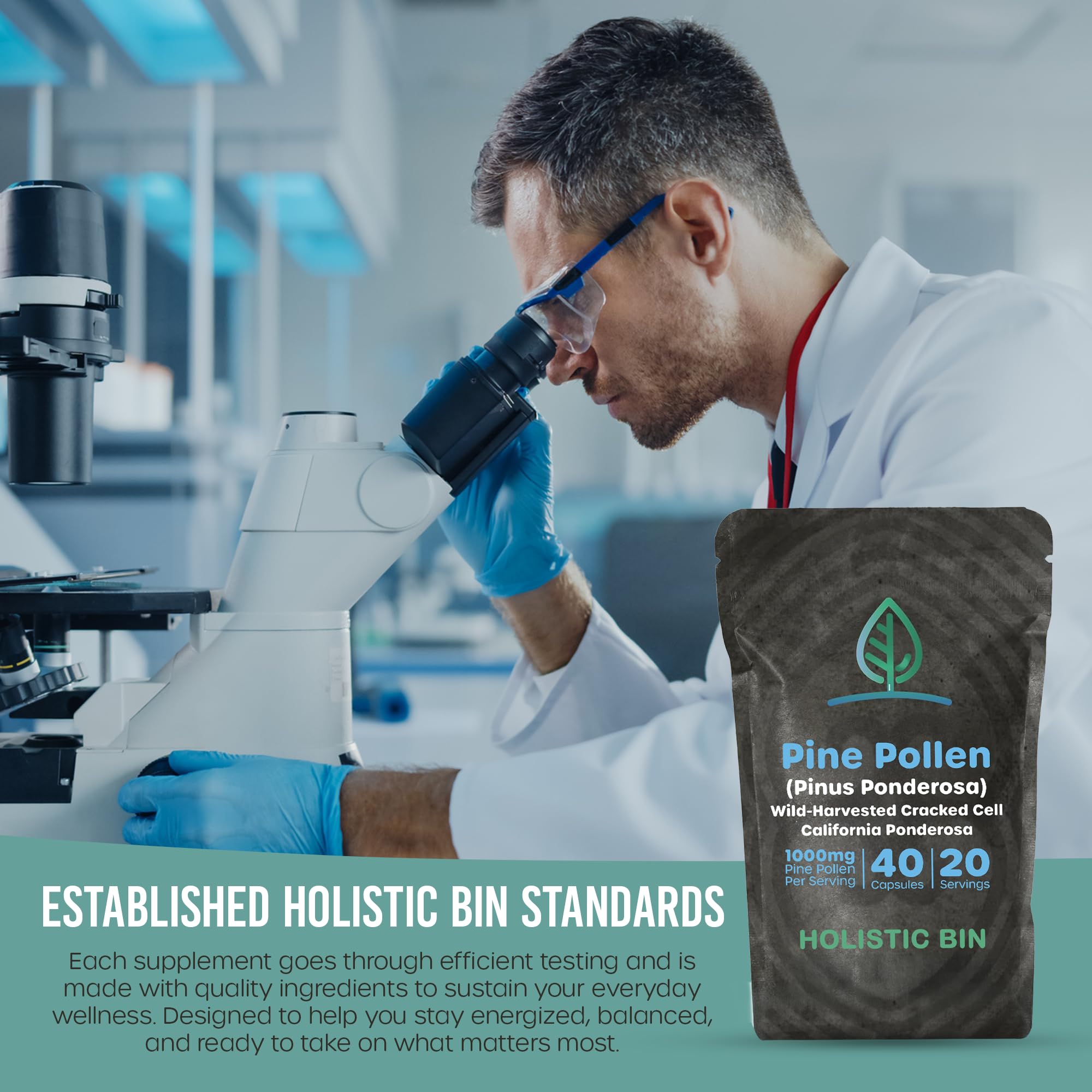 Holistic Bin Pine Pollen Capsules 500mg (Pinus Ponderosa) - Wild Harvested California Ponderosa Pine Pollen Powder - Olympic Grade - Organic, Non-GMO, No Fillers - 30 Day Supply (40 Capsules) Holistic BinAu supplements
