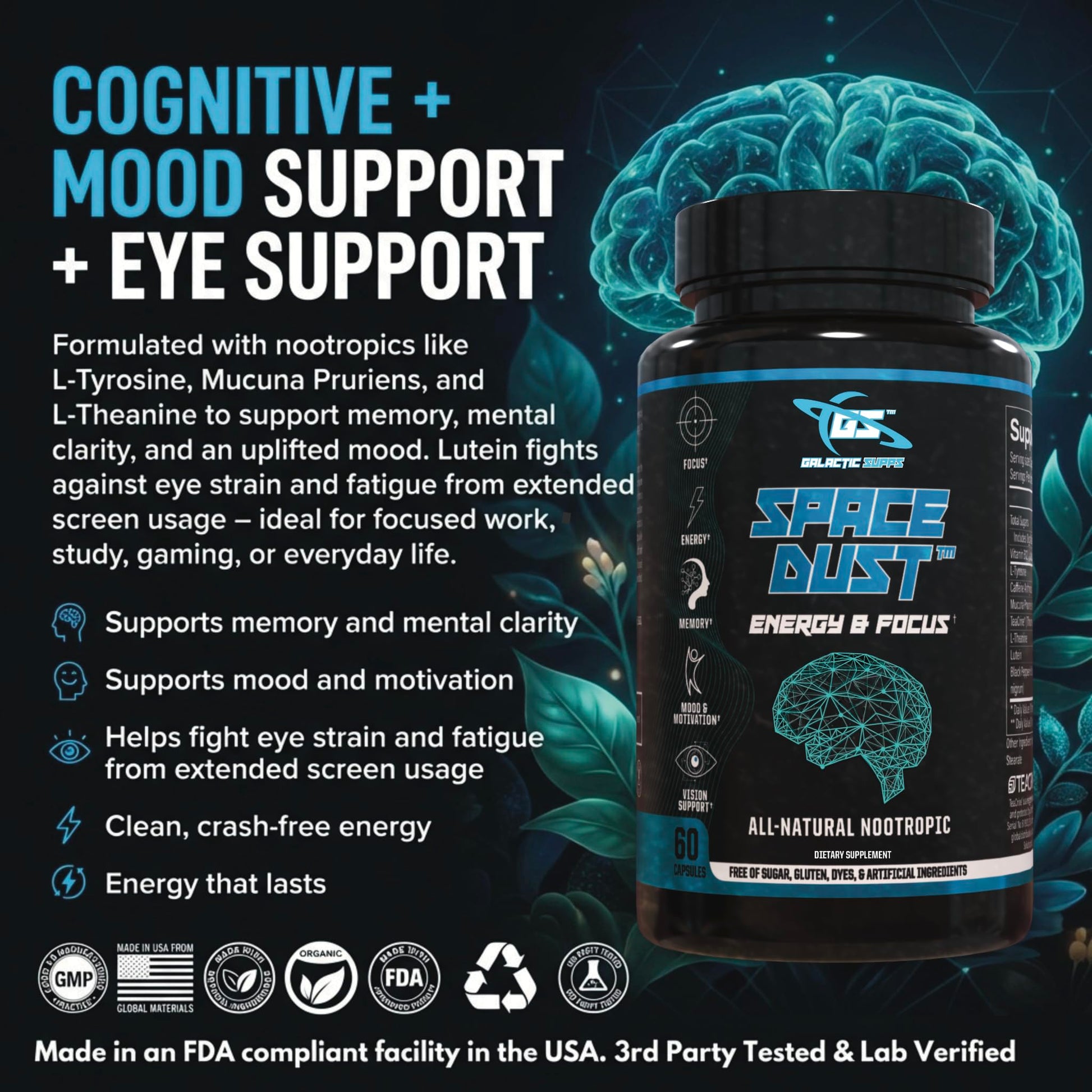 Space Dust Brain Supplements for Memory and Focus – Nootropic Focus Supplement for Brain Health & Mind Boost with TeaCrine, Caffeine, L-Tyrosine, L-Theanine – Cognitive Support Capsules, 60 Count GALACTIC SUPPSAu supplements