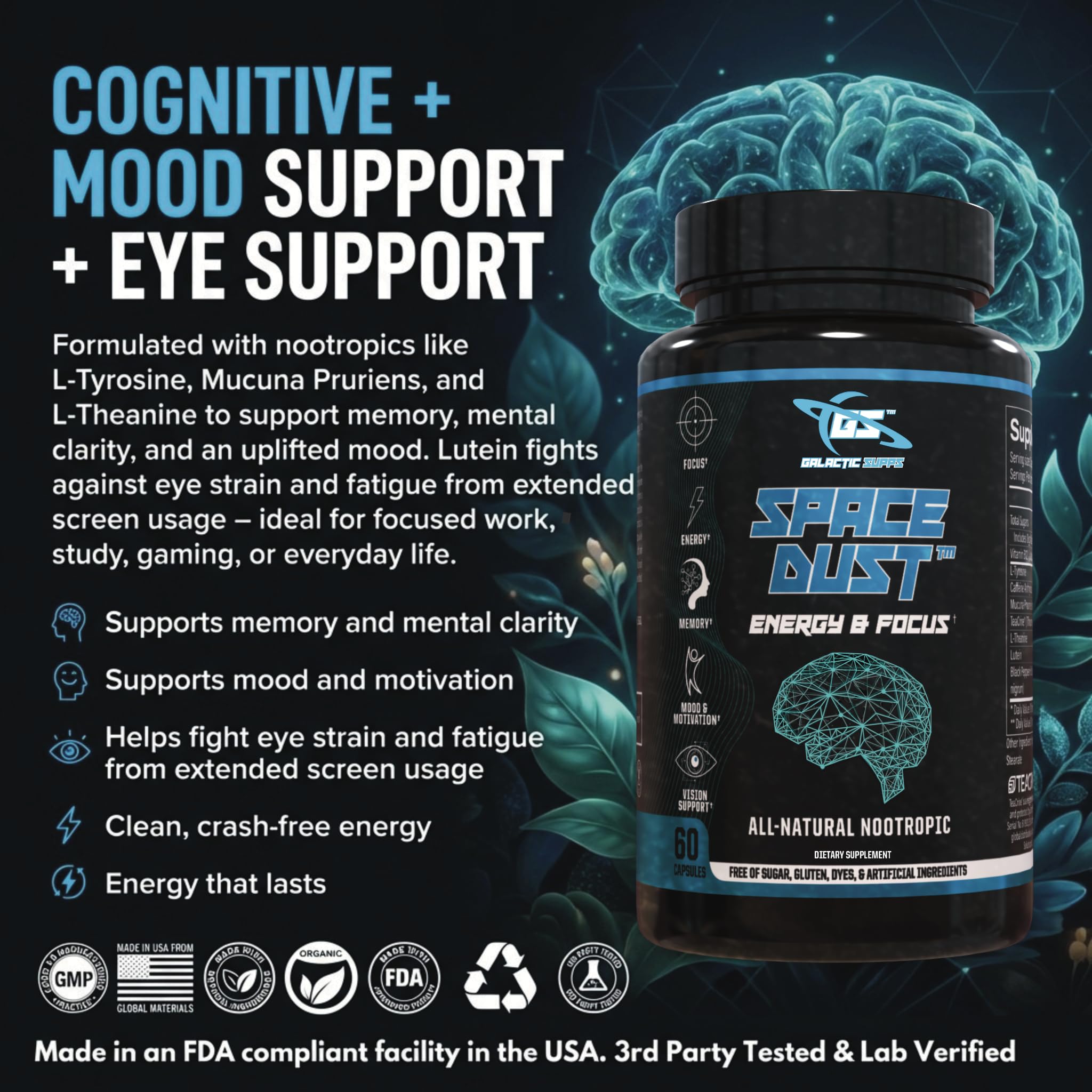 Space Dust Brain Supplements for Memory and Focus – Nootropic Focus Supplement for Brain Health & Mind Boost with TeaCrine, Caffeine, L-Tyrosine, L-Theanine – Cognitive Support Capsules, 60 Count GALACTIC SUPPSAu supplements