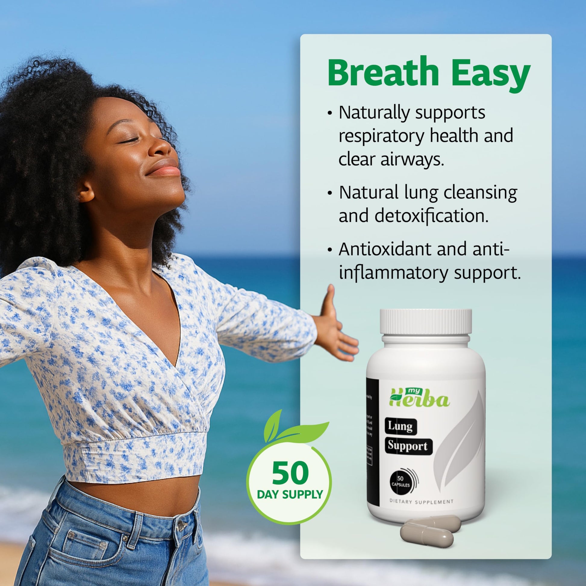 MyHerba Lung Support Supplement - Vegan Formula with Marshmallow Root, Chlorella, Ginkgo Biloba Leaf, Irish Sea Moss & PAU D’Arco - Deep Lung Cleanse, Detox and Immune Support for Adults, 50 Capsules MyHerbaAu supplements