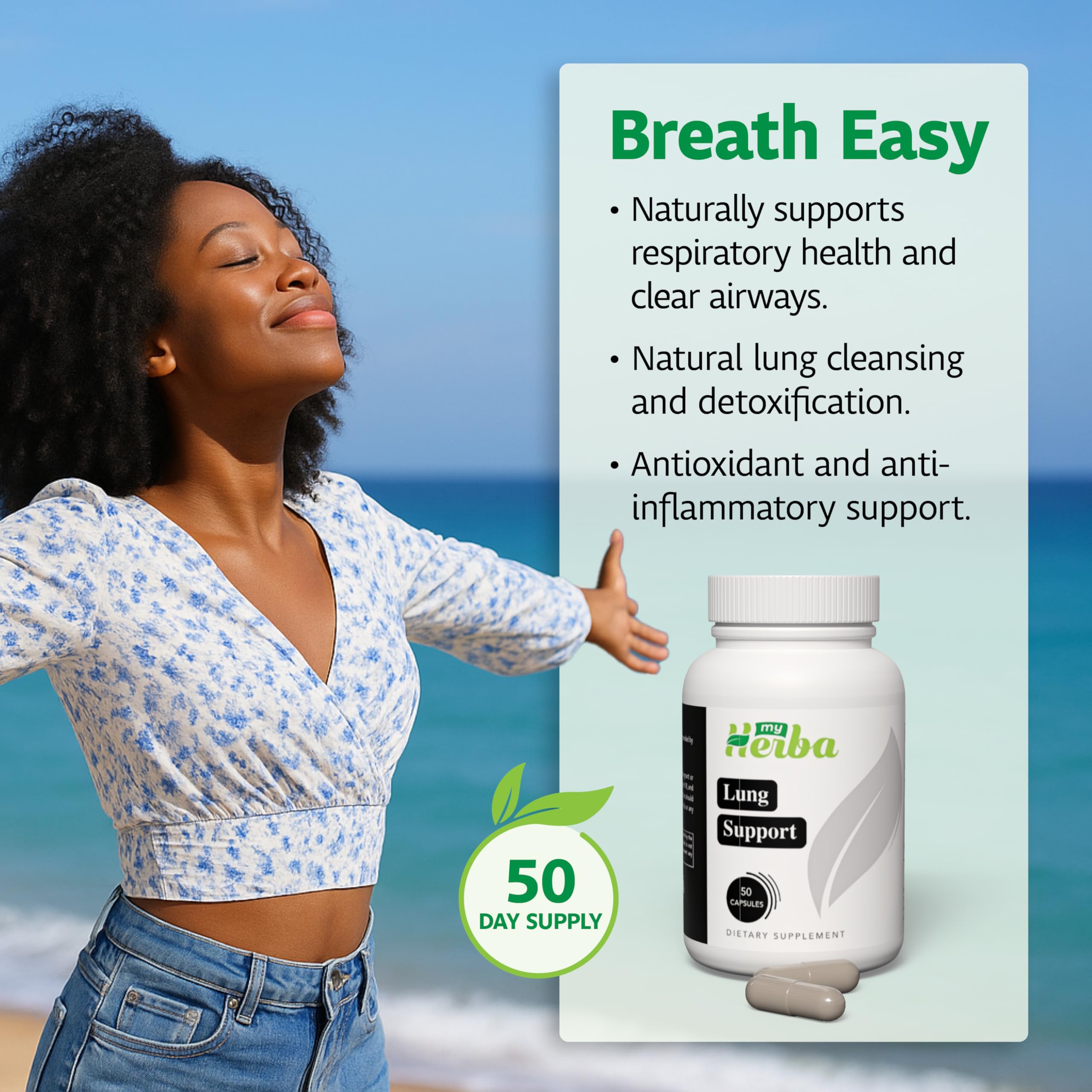 MyHerba Lung Support Supplement - Vegan Formula with Marshmallow Root, Chlorella, Ginkgo Biloba Leaf, Irish Sea Moss & PAU D’Arco - Deep Lung Cleanse, Detox and Immune Support for Adults, 50 Capsules MyHerbaAu supplements