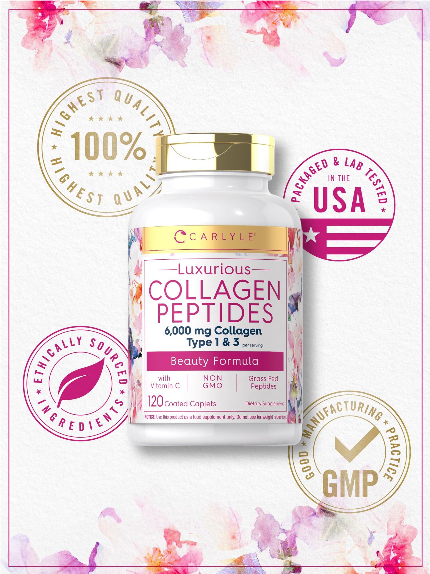 Carlyle Collagen with Vitamin C | 6000mg | 120 Caplets | Multi Collagen Peptide Pills CarlyleUS supplements