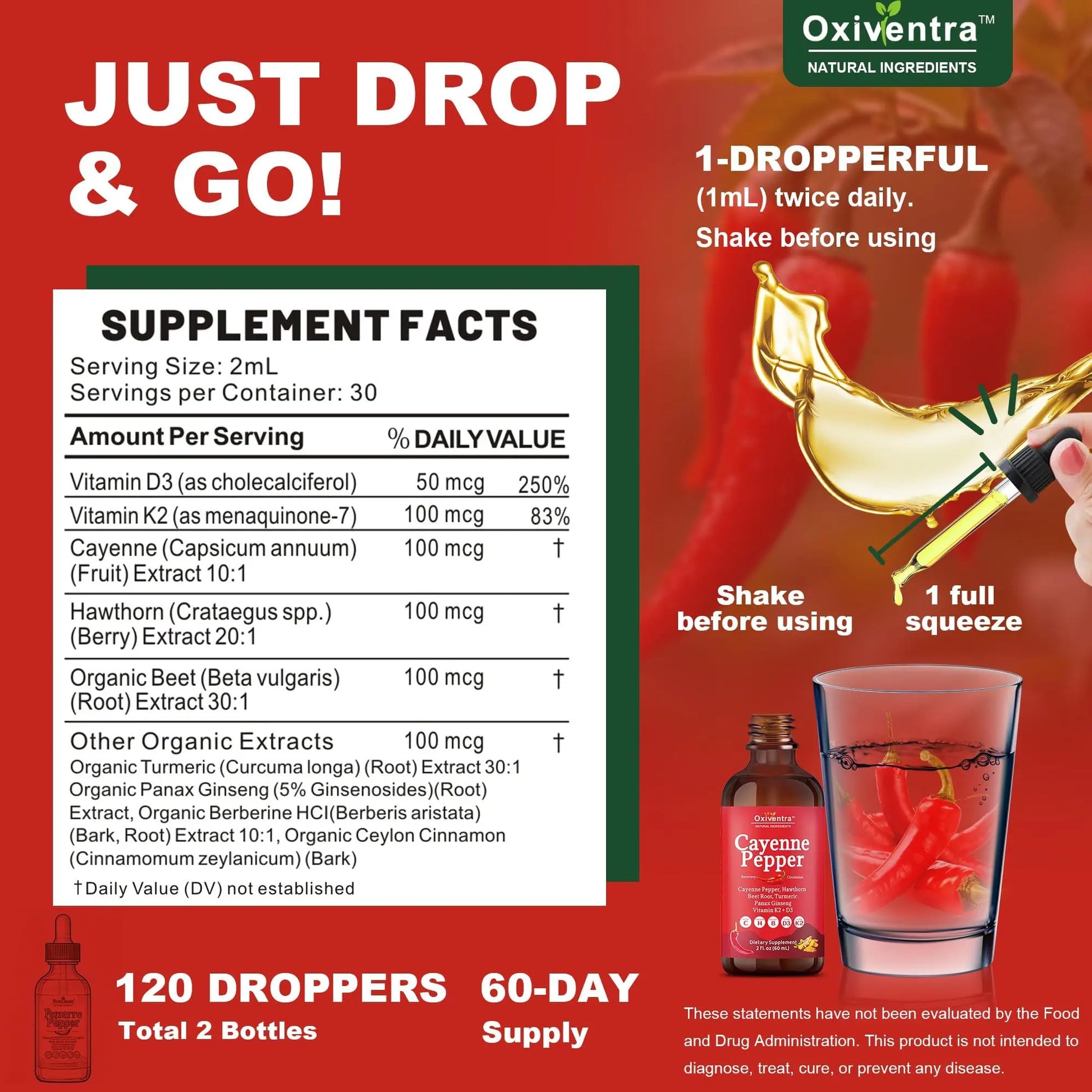 Cayenne Pepper Drops Liquid Supplement Smooth & Sweet Herbal Liquid + Hawthorn Berry, Vitamin D3 K2 Beet Root Powder, Ceylon Cinnamon, Turmeric Curcumin, Organic Panax Ginseng - 2fl oz Oxiventranz supplements