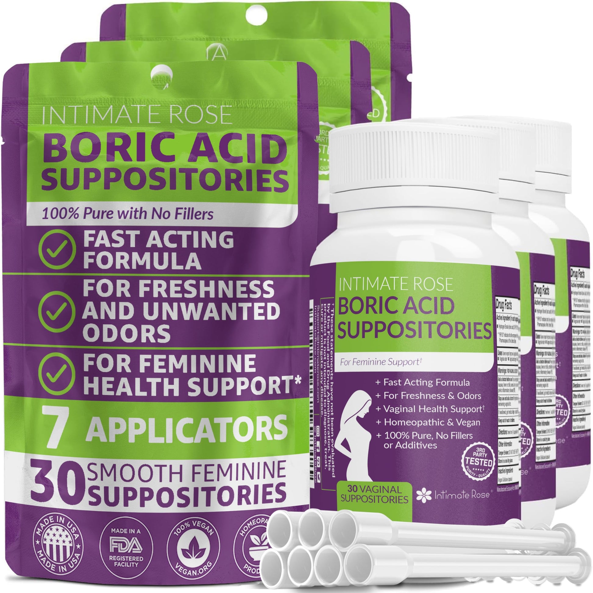 Boric Acid Suppositories - Helps Fight Against BV, Yeast Infections - Manages Odor - Promote pH Balance Intimate RoseAu supplements