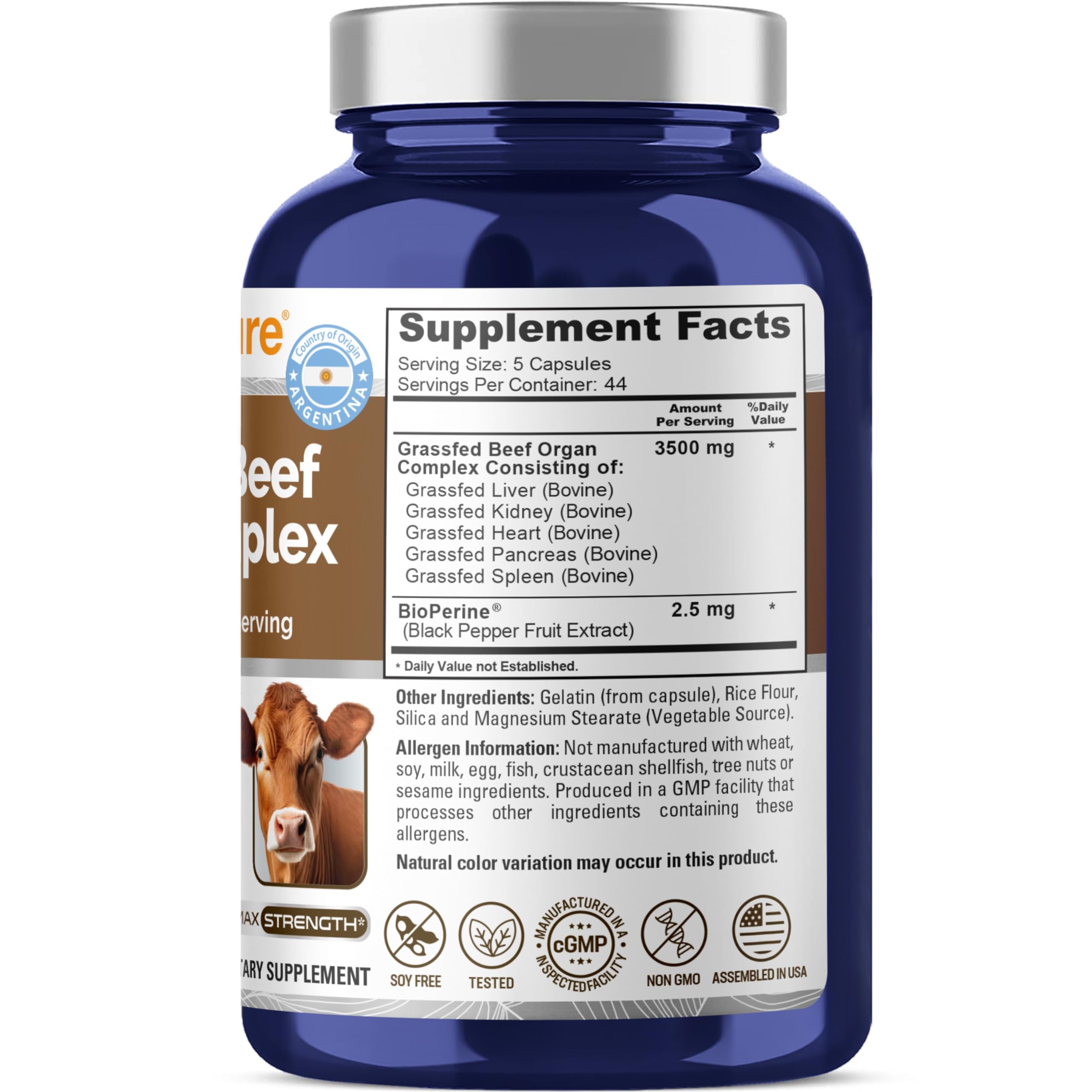 NusaPure Grass Fed Beef Organ Complex | 220 Capsules | Pasture Raised | with Desiccated Liver, Kidney, Pancreas, Heart, Spleen | Soyfree Non-GMO, Bioperine NusaPureAu supplements