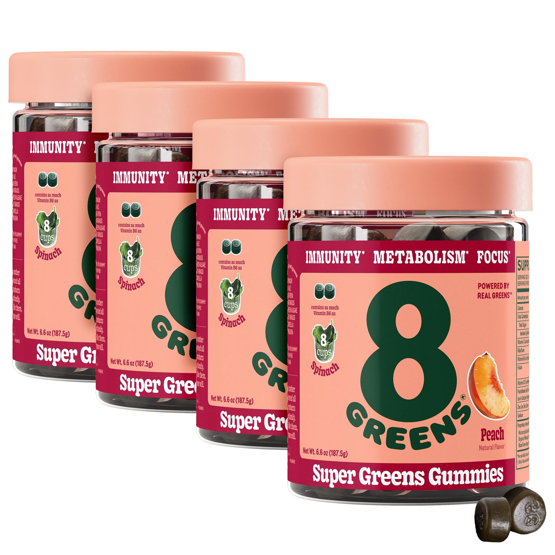 8Greens Supergreens Gummies | Super Greens Powder Superfood Gummy for Metabolism, Immunity & Focus, Digestive Health Enzymes, Organic: Chlorella, Spirulina, Aloe Vera, Peach Flavor, 200 Count 8GreensAu supplements