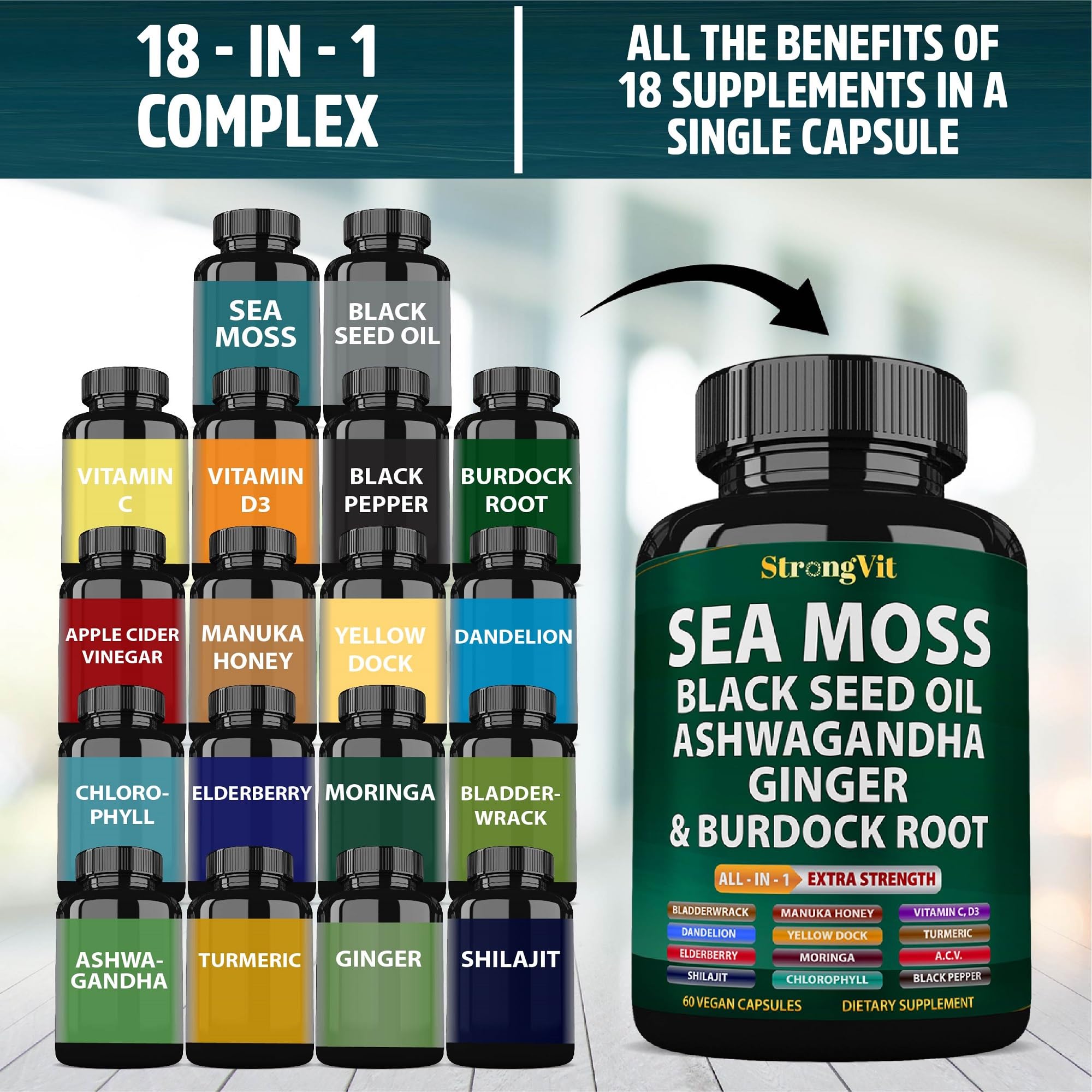 StrongVit Sea Moss Black Seed Oil Ashwagandha Ginger, Organic Sea Moss Capsules with Burdock Root, Irish Seamoss Pills with Bladderwrack, Advanced Multimineral Supplement, USA StrongVitAu supplements