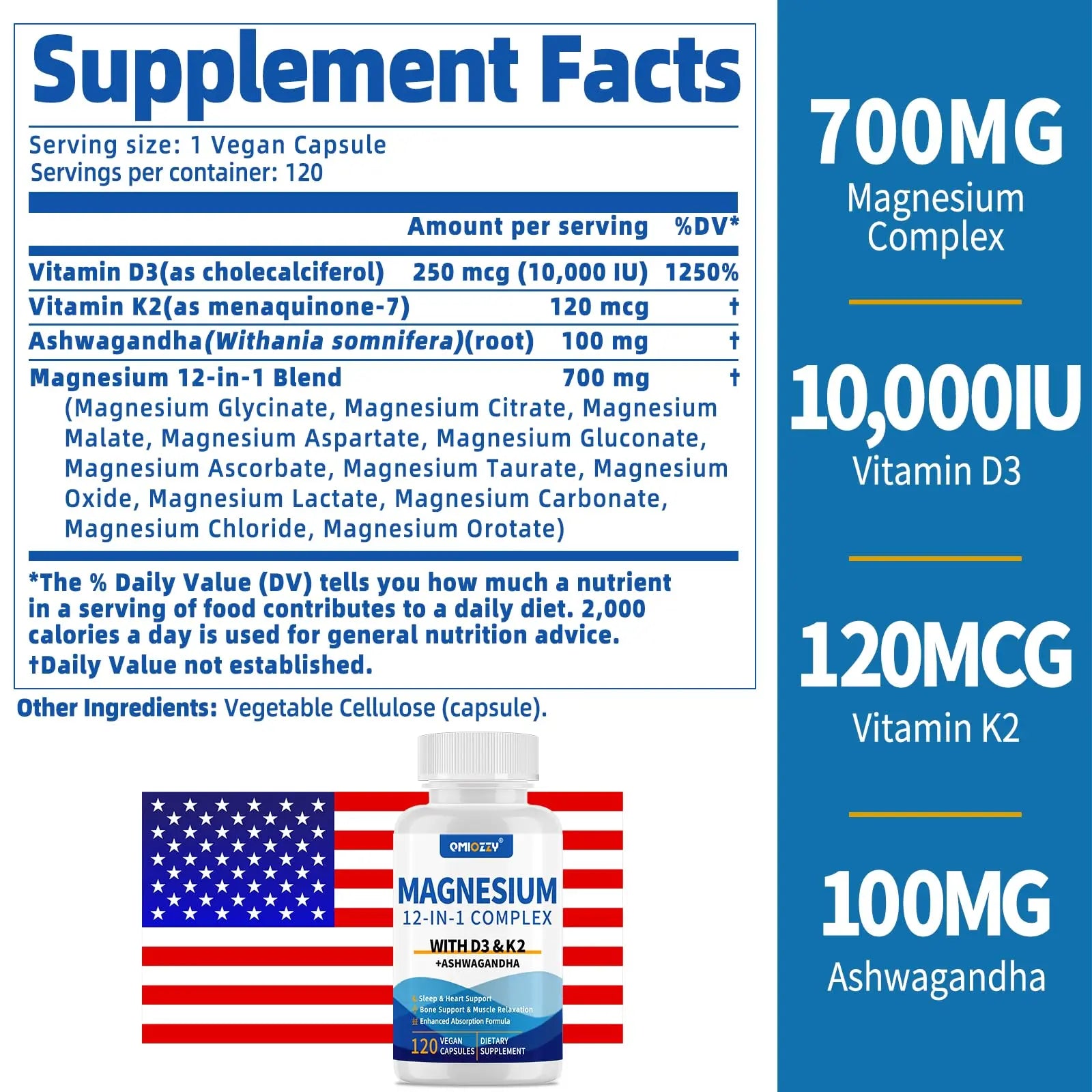 Magnesium Complex 12 in 1 Supplement for Women & Men 700mg, Magnesium Glycinate with Vitamin D3 K2, Citrate Malate Oxide Taurate Aspartate Orotate, for Relaxation, Heart, Energy, Muscle, 120 Capsules Qmiozzynz supplements