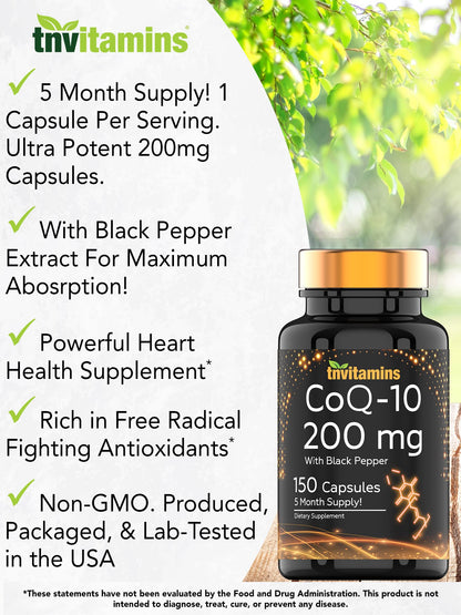 tnvitamins Ultra Potent CoQ-10 200 MG - 150 Capsules with Black Pepper Extract tnvitaminsUS supplements