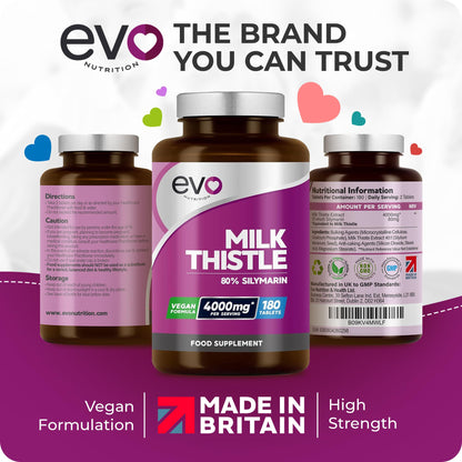 Milk Thistle Tablets 4000mg | 80% Silymarin | 180 Tablets | High Strength Vegan Supple EVO NUTRITIONUS supplements