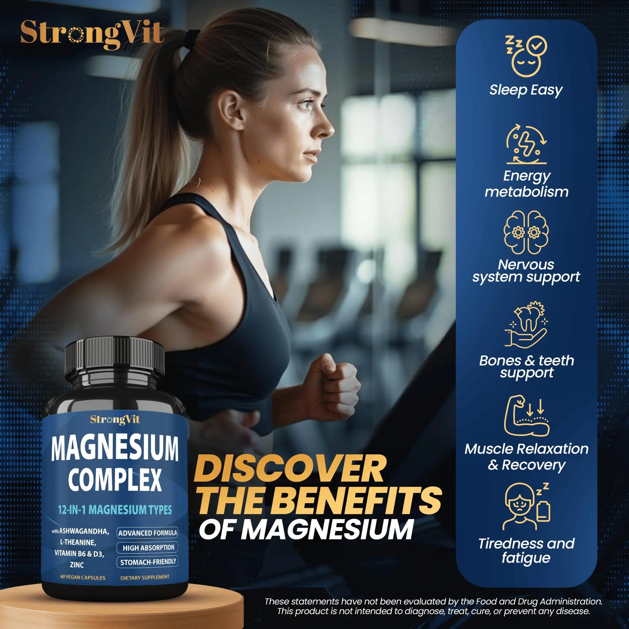 1000mg Magnesium Complex for Women and Men, 12 in 1 Magnesium Supplement with Ashwagandha, Zinc, D3, L-theanine. Easy to Swallow, High Absorption, Sleep Support & Stress Relief (60 Capsules) StrongVitnz supplements